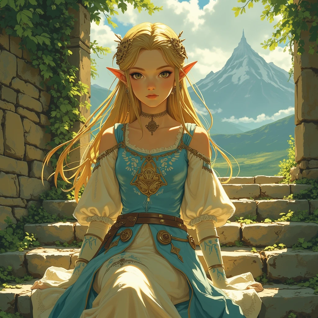 a close up of a person sitting on a stone steps, zelda botw, botw style, princess zelda, from legend of zelda, botw, portrait of princess zelda, zelda with triforce, portrait of zelda, zelda breath of the wild, zelda twilight princess, breath of the wild style, zelda, legend of zelda, zelda style art, hyrule