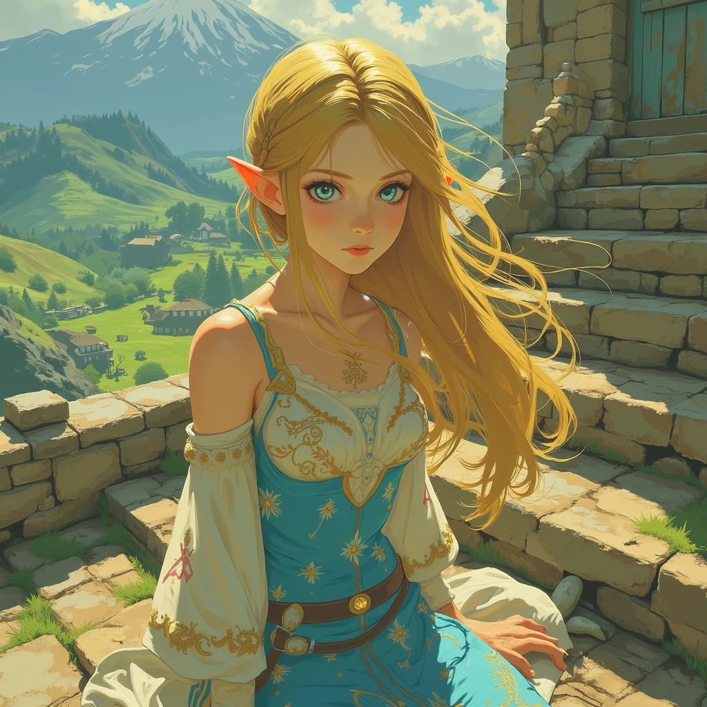 a close up of a person sitting on a stone steps, zelda botw, botw style, princess zelda, from legend of zelda, botw, portrait of princess zelda, zelda with triforce, portrait of zelda, zelda breath of the wild, zelda twilight princess, breath of the wild style, zelda, legend of zelda, zelda style art, hyrule