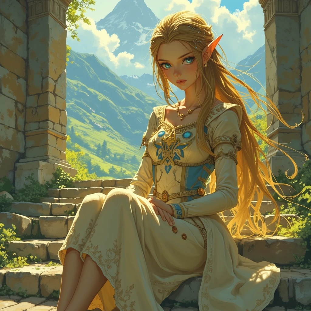 a close up of a person sitting on a stone steps, zelda botw, botw style, princess zelda, from legend of zelda, botw, portrait of princess zelda, zelda with triforce, portrait of zelda, zelda breath of the wild, zelda twilight princess, breath of the wild style, zelda, legend of zelda, zelda style art, hyrule