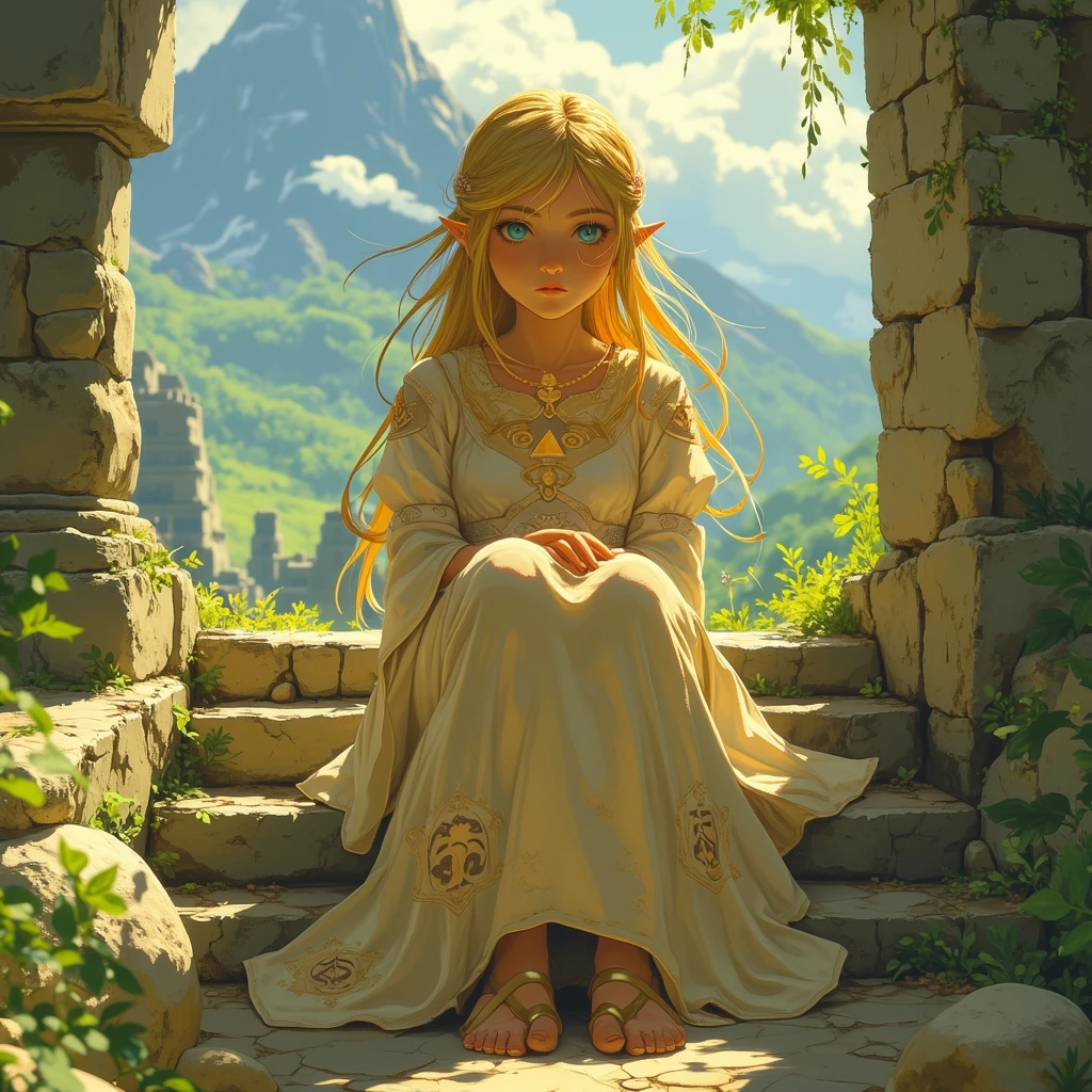 a close up of a person sitting on a stone steps, zelda botw, botw style, princess zelda, from legend of zelda, botw, portrait of princess zelda, zelda with triforce, portrait of zelda, zelda breath of the wild, zelda twilight princess, breath of the wild style, zelda, legend of zelda, zelda style art, hyrule