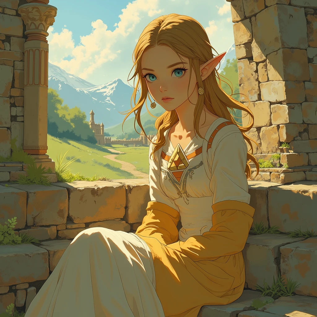 a close up of a person sitting on a stone steps, zelda botw, botw style, princess zelda, from legend of zelda, botw, portrait of princess zelda, zelda with triforce, portrait of zelda, zelda breath of the wild, zelda twilight princess, breath of the wild style, zelda, legend of zelda, zelda style art, hyrule