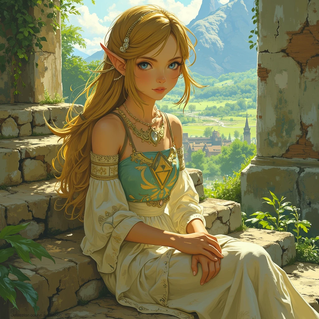 a close up of a person sitting on a stone steps, zelda botw, botw style, princess zelda, from legend of zelda, botw, portrait of princess zelda, zelda with triforce, portrait of zelda, zelda breath of the wild, zelda twilight princess, breath of the wild style, zelda, legend of zelda, zelda style art, hyrule