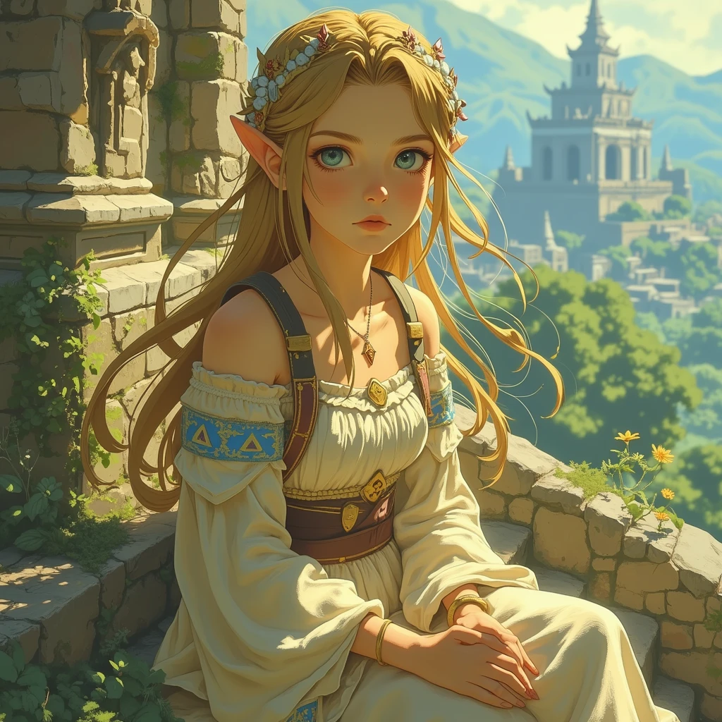 a close up of a person sitting on a stone steps, zelda botw, botw style, princess zelda, from legend of zelda, botw, portrait of princess zelda, zelda with triforce, portrait of zelda, zelda breath of the wild, zelda twilight princess, breath of the wild style, zelda, legend of zelda, zelda style art, hyrule
