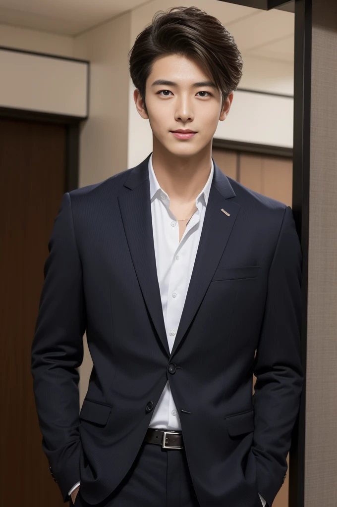 dark brown suit、 20-year-old refreshingly handsome new employee、 (Super cool S-class guy in a suit)、 Japan boys at 20 years old、 businessman、 Ultra-luxury suits、 s Office、 Stand in a suitSYoung handsome man、 Full body photo、 (Highly detailed photos of CG Unity 8K)、 (A highly detailedSHandsome man in class)、 (Photo Real)、 ((top-quality))、 ultra-detailliert、 (masterpiece)、 An ultra-high picture quality、 tall、 viewer、 Gentle man、 Very beautiful hair、 Shorthair、 Bright photo、 Handsome like a model、 Handsome like an idol、 Luxury Watches、 Cool belt、 japanes
