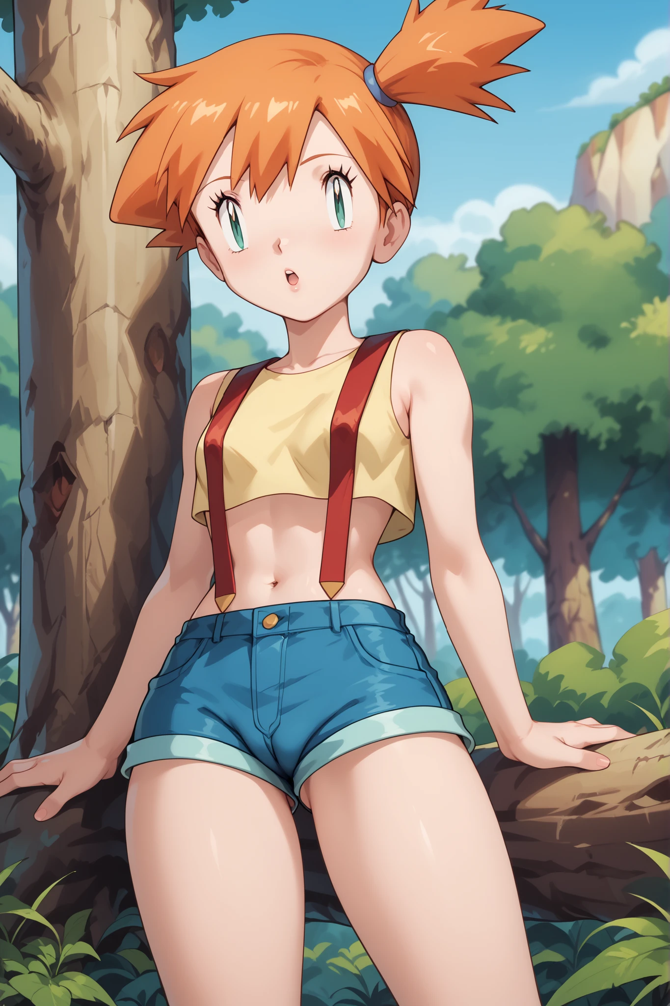 Misty from Pokemon, 1 girl,Alone,g-string denim short shorts, surprised expression, clavicle ,no shirt, red suspenders,outside,depth of field, leaning against tree, legs, cameltoe, playful, Masterpiece, Best Quality, absurdities, high resolution, 4k, ray tracing, intricate details, Very detailed, (1 girl:Perfect face, beautiful, small breasts, small) Highqlb:perfect mouth, makeup screenshot, perfect jaw, good fortune hing