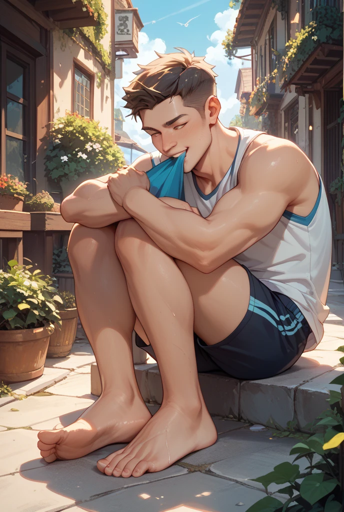 (masterpiece), (best quality), (ultra detailed), (disheveled hair), (1boy),a topless european handsome man with light brown hair and a detailed intricate see-through underwear and many bracelets and many necklaces sitting on grass, from below, bulgej8, sole,perfect face, a ray of light shines on his body, ((dark background)), sub-surface scattering, vpl, arms down, full body