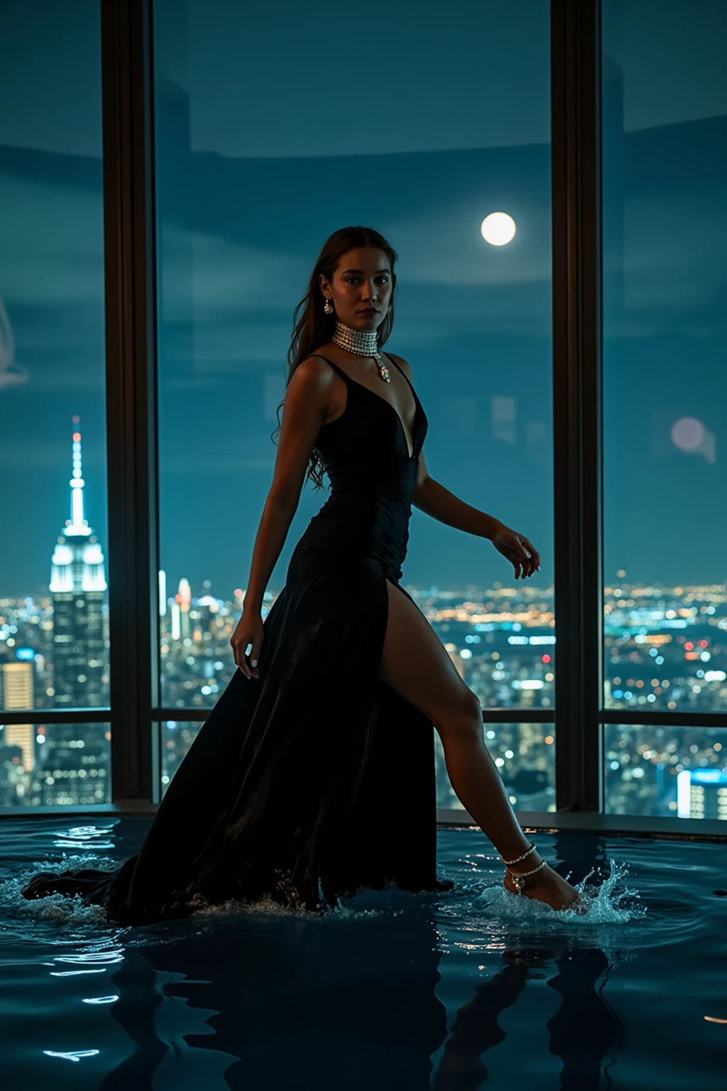 Make a 28 year old black woman, usando um vestido elegante a noite, caminhando sobre a times square e melhor qualidade, luz natural, pele bonita