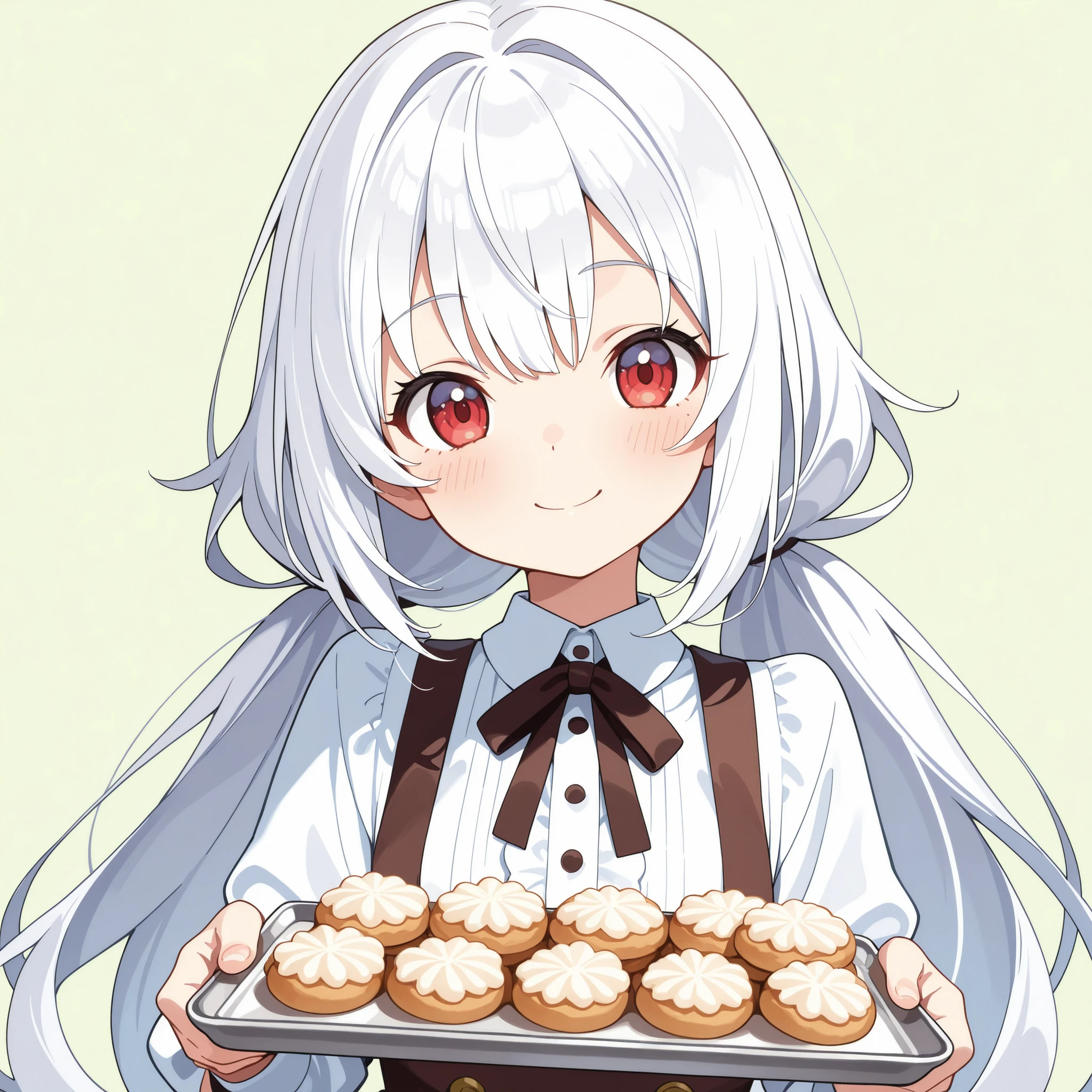 masterpiece, best quality, highres, illustration, anime art style, 1girl, solo, cute bakery girl, long white hair, vibrant red eyes, cheerful smile, looking at viewer, wearing cute baker outfit, holding a tray filled with small pastries (cookies or cupcakes), offering towards camera, plain solid green background, upper body shot