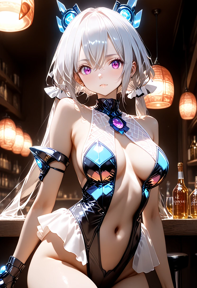 1girl, bare_shoulders, bed, bed_sheet, bedroom, blue_eyes, blue_hair, blush, braid, breasts, cleavage, collarbone, crown_braid, dress, indoors, lamp, large_breasts, long_hair, looking_at_viewer, off_shoulder, on_bed, open_mouth, pillow, puffy_short_sleeves, puffy_sleeves, short_sleeves, smile, solo, very_long_hair,