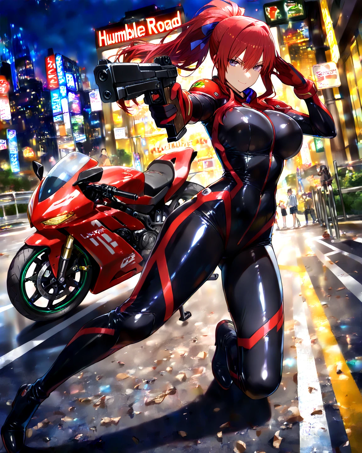 biker girl, motorcycle, Leather one-piece garment, Short hair, yellow glowing eyes, Dark colors, Cyberpunk, Neon lights, Red hair, Sexy, tightsuit, Night, the city street, mitts, rain, aiming a pistol,