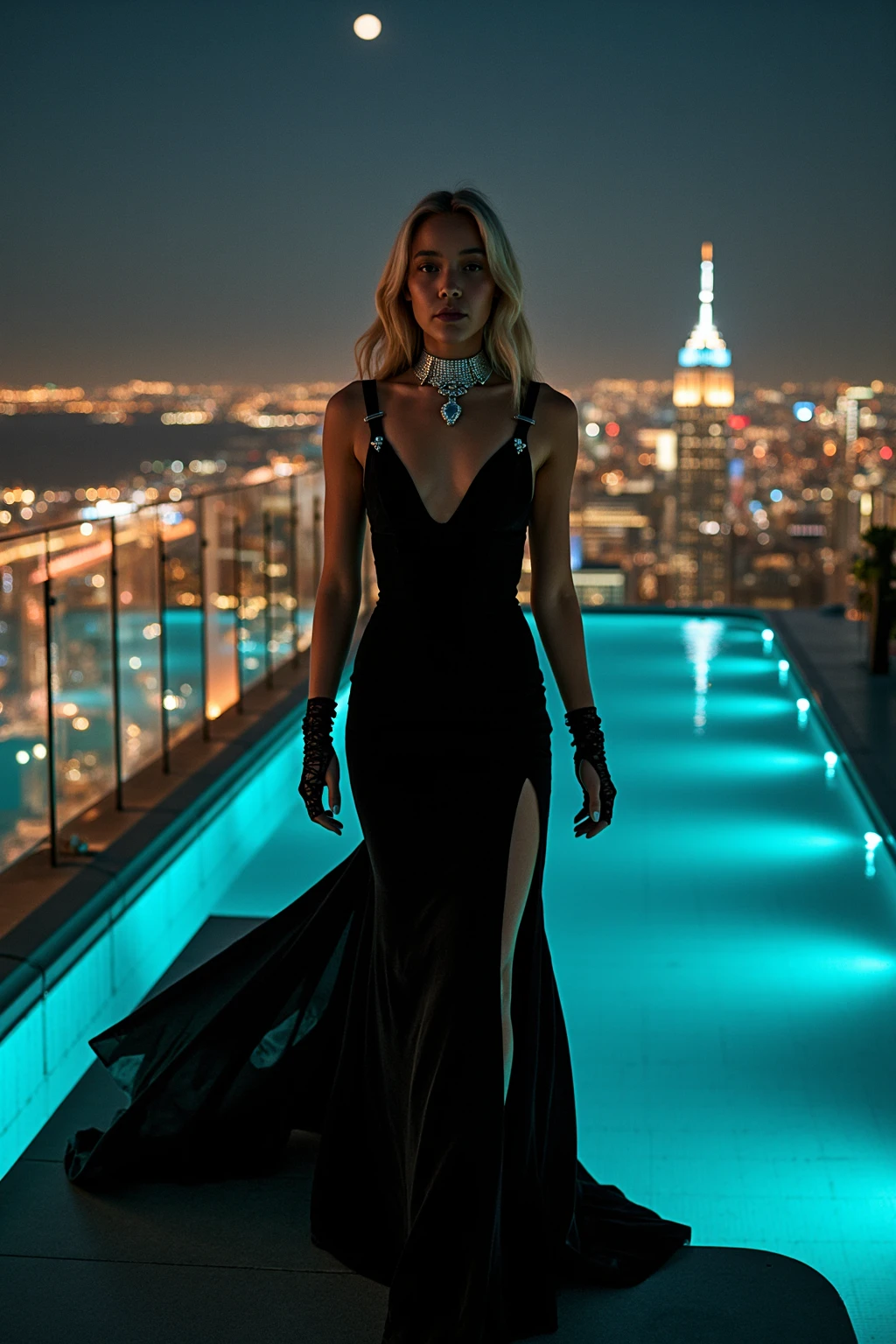 A beautiful 30 Yrs Old caucasian female, young, Australian, white skin tone. she has blonde hair, hair is blonde, blonde hair. Eye Color is Blue, Slender, Curvy, , standing, long gown, black high heels, luxury high rise apartment setting, glass walls, night time, photorealistic, very detailed, moon in background