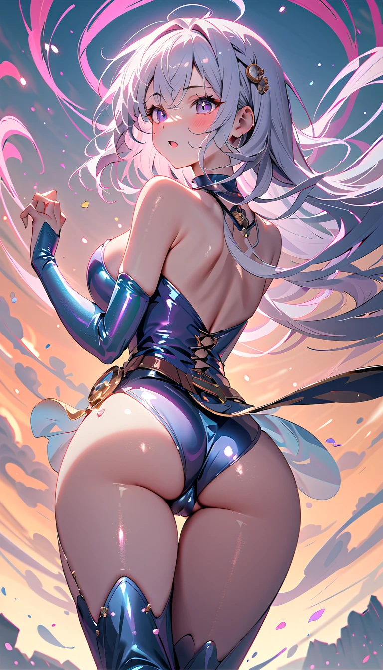 (((1 demon woman))), ((detailed blue eyes)), ((long silver hair)), large breasts, curvy hips, perfectly drawn body, seductive smile, narmaya, perfect butt, rear view, backside view, best quality, masterpiece, ultra-detailed