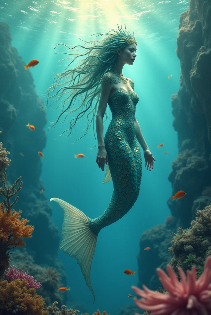 A stunning conceptual illustration of a beautiful mermaid silhouette gracefully swimming beneath the shimmering surface of the sea. Her flowing, iridescent tail blends seamlessly with the vibrant coral reef that surrounds her. The corals are a kaleidoscope of colors, from deep reds and purples to bright yellows and greens. The scene is bathed in a soft, ethereal light, creating a dreamy, otherworldly atmosphere., illustration, conceptual art