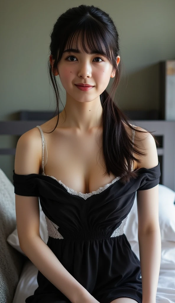 (Highest quality,8k,High resolution,masterpiece:1.5),Attractive big、Beautiful attention to detail,Beautifully detailed face,Plump:1.2,Attractive face,long, straight black hair,Cute Costumes,girl,girl in a hotel room,Slightly downward-facing eyes,Short skirt,Visible cracks,Japanese woman in her 20s,Captivating look,Little pout,Plump lips,Rebellious Makeup, I can see up to my knees、Accentuate larger breasts、Sexy look、smile、Laughter、Gentle expression、Mouth open、Wearing a bold camisole、Short skirtから太ももが見えている、A young Japanese woman wearing Korean style makeup、Dress seductively、Beautiful long black hair