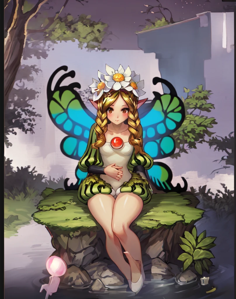 Anime girl with green hair and white dress in the forest, Kushatt Krenz Key Art Women, fey queen of the summer forest, high detailed official artwork, Loish et WLOP, beautiful elegant dryad, Anime fantasy illustration, Fantasy art style, 2. 5 D CGI anime fantasy artwork, offcial art, exotic fey features, highly detailed exquisite fanart