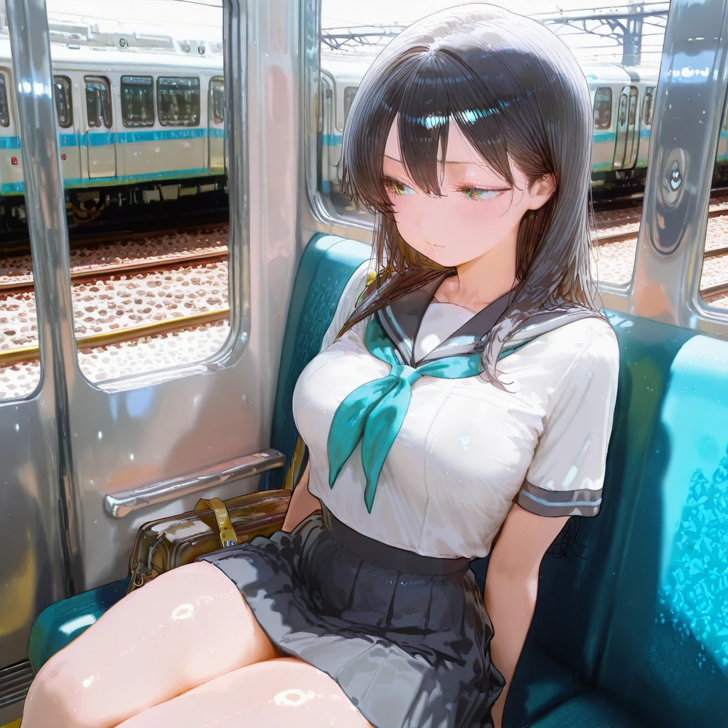 masterpiece,best quality,dutch angle,Ultra detailed,8K,realistic,ultra detailed,highly detailed,physics-based rendering,cinematic lighting,1girls,,,crying,pussy,train,seat,long hair,naked,miku ha,molestation,crowded train station,