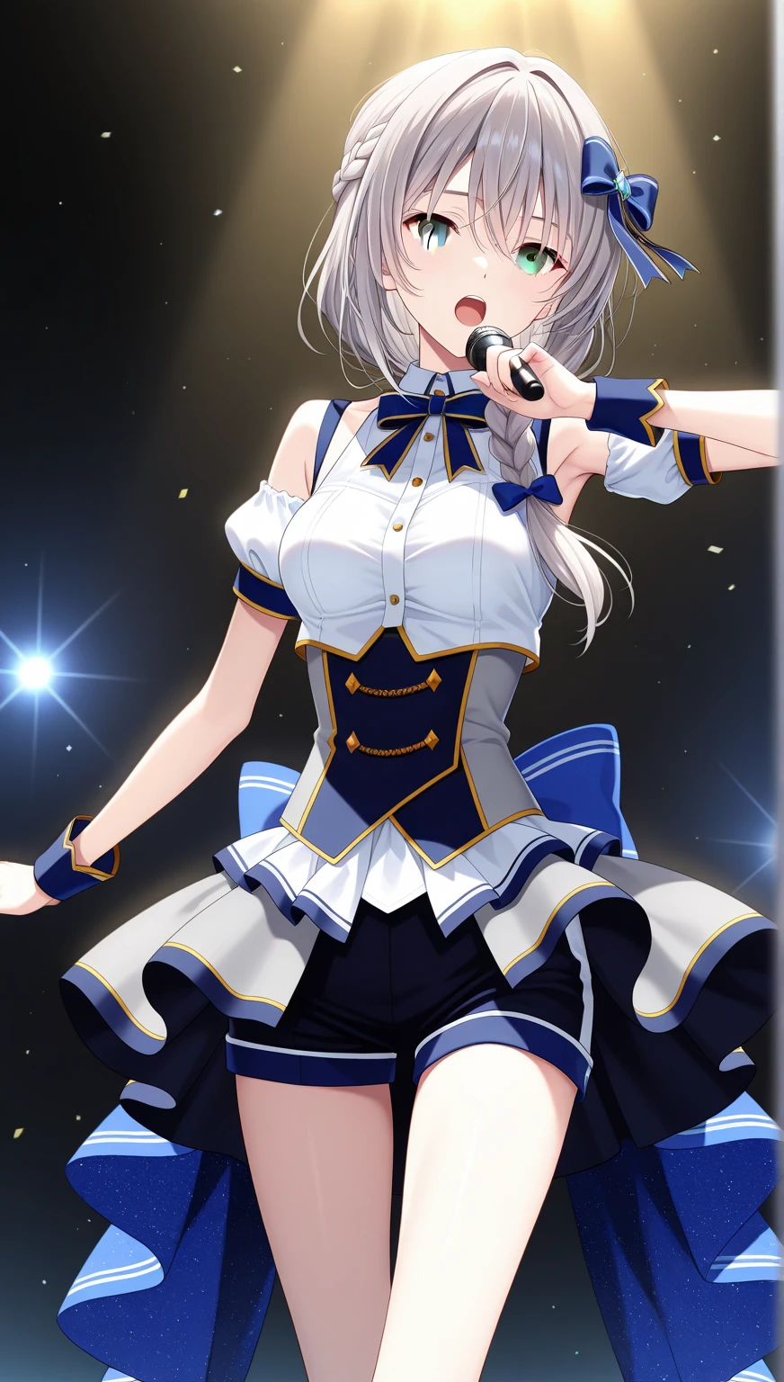 super high quality,look at the audience, place your hands behind your back, with a girl, 20-year-old, とてもshort hair, long bangs between the eyes, pale blue eyes, hoodie, skirt , blue sky, sunlight, very detailed,(masterpiece、highest quality)、alone、gray hair、laughter、White skin as clear as snow、fantasy, silver hair, black eye, beautiful eyes,, ecstasy, attractive, be smitten with audience, hoodie, 白いhoodie,黒いskirt,short hair,blue sky , sunlight,fantasyな風景,looking down from above、Close-up