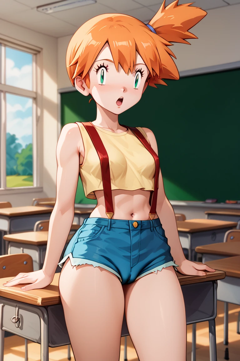 Misty from Pokemon, 1 girl,Alone,g-string denim short shorts, surprised expression, clavicle ,no shirt, red suspenders,inside,depth of field, classroom, legs, cameltoe, playful, Masterpiece, Best Quality, absurdities, high resolution, 4k, ray tracing, intricate details, Very detailed, (1 girl:Perfect face, beautiful, small breasts, small) big ass, huge oversized butt