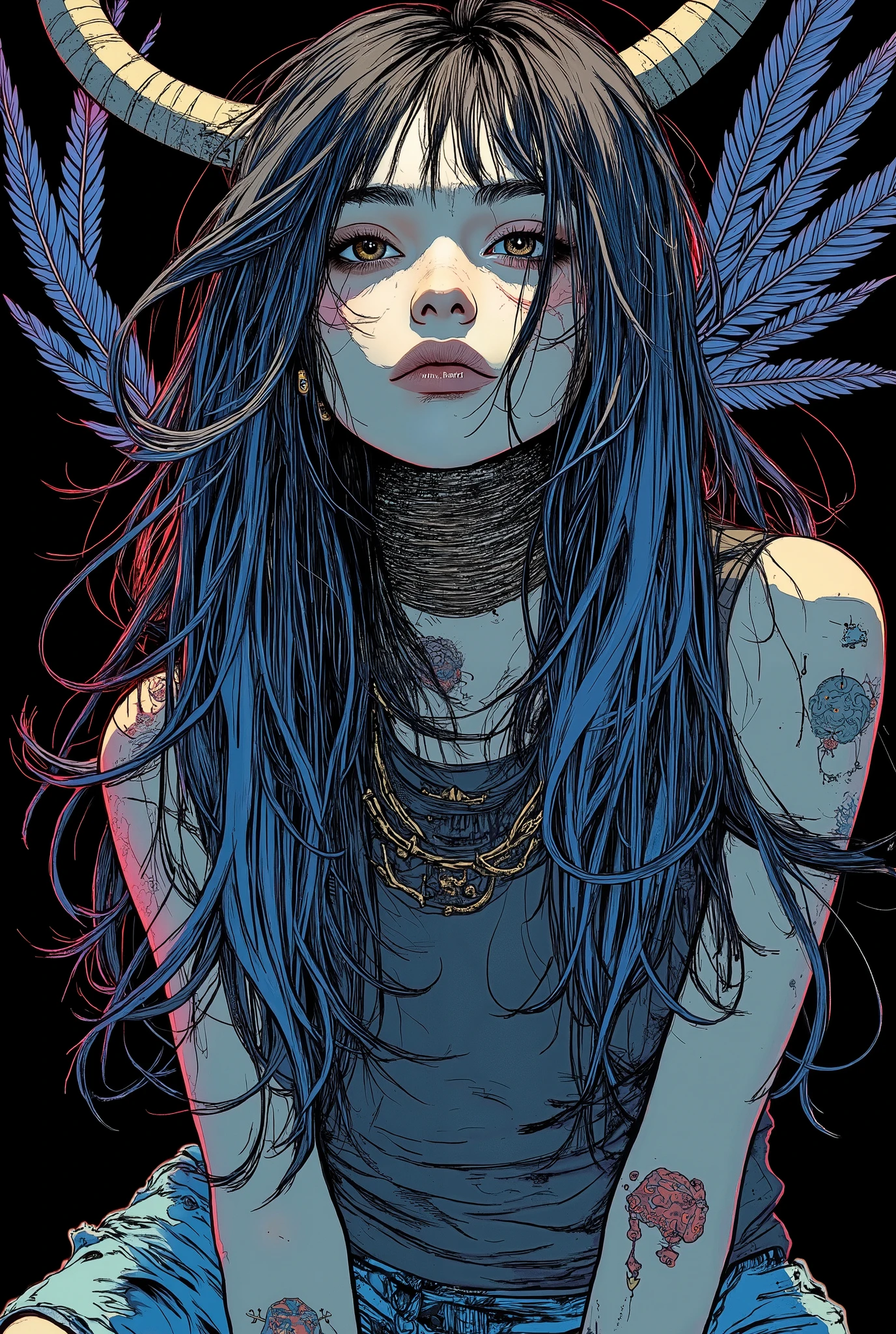 Illustration of colorful birds with long tails and long tails, birds!!! Farson, spirit fantasy concept art standing on dark background , Mythical creatures, inka Harpy girl, a Mythical creatures, anthropomorphic bird , art style tattoo , Harpy, Personified Creatures , LSD feather , long haired humanoid Farson