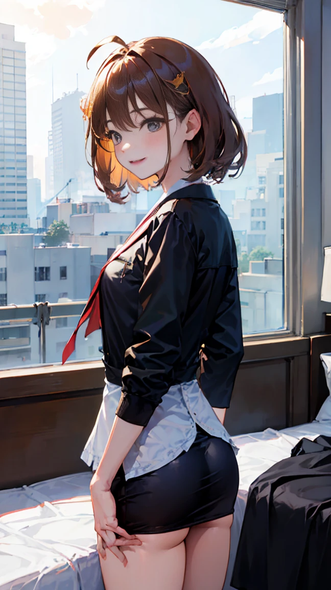 2d, masterpiece, best quality, anime, highly detailed, cowboy shot, 1girl, solo, kaguya shinomiya, red eyes, black hair, hort hair, folded ponytail, hair ribbon, BREAK wearing: A white and navy striped Breton shirt made of soft jersey fabric, featuring a boat neckline and three-quarter sleeves, paired with high-waisted light blue denim jeans in a slim fit, cuffed at the ankles, and worn with clean white canvas sneakers. (shinomiya kaguya) high quality, 8k, best picture, detailed, high resolution, best pictrure, photo realistic, beautiful image, best image