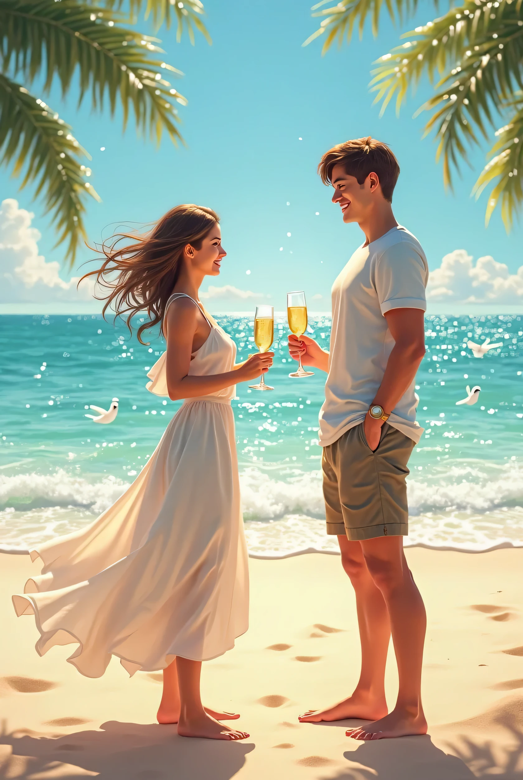 a couple in brazil sitting at a table on the beach, putting powder in each other's drinks, detailed facial features, beautiful blue ocean, golden sunset lighting, photorealistic, 8k, cinematic lighting, warm color palette, dynamic composition, highly detailed, intricate details, masterpiece, (best quality,4k,8k,highres,masterpiece:1.2),ultra-detailed,(realistic,photorealistic,photo-realistic:1.37)