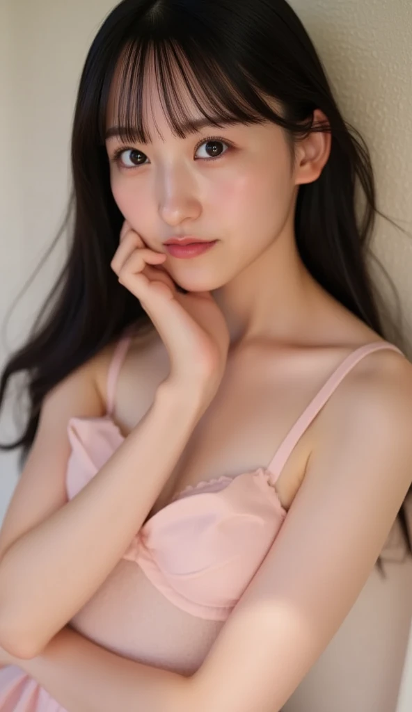 Very beautiful young girl:1.8、(11 years oldの日本人少女、Healthy and very slim body:1.8、Are thin、Very flat chest:1.6、Delicate clavicle、Thin arms、Narrow shoulders、Tight waist、Thin thighs、Sweaty skin、White skin、Beautiful Skin)、(Young Face、Small face、No makeup:1.6、double eyelid、Big eyes、Beautiful Eyes、Sparkling eyes、(Embarrassed look、Looking into the camera))、(Hair Bun)、(Thin camisole)、(On the bed、Spread your legs、Sit with your knees up)、(lens: 85mm f4.4、(highest quality)、morning、Dramatic lighting、Full body photo、Photographed from the front)、11 years old