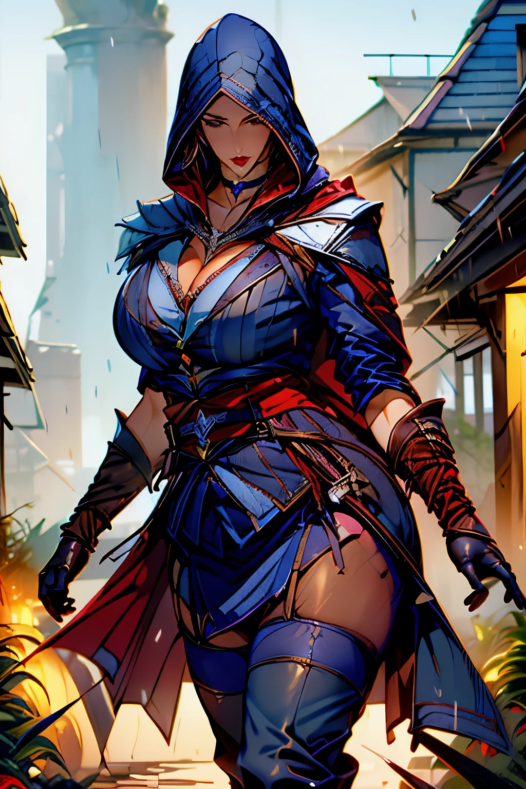 La mujer, poca ropa, botas hasta la rodilla, medias, black stockings, (((blue clothes, hood gloves,bracelet,botas altas, long coat))), (( fantasy forest, outoor, dark,night, rain, see through clothes)), muy detallado, Realistic long-term photography, 4k, pelo largo, brown hair, By the chestnut, (((labios rojos, gargantilla, chocker, sexy,red lips, brown eyes, big breasts, pechos grandes, breasts, Lucia Auditore, sexy)))