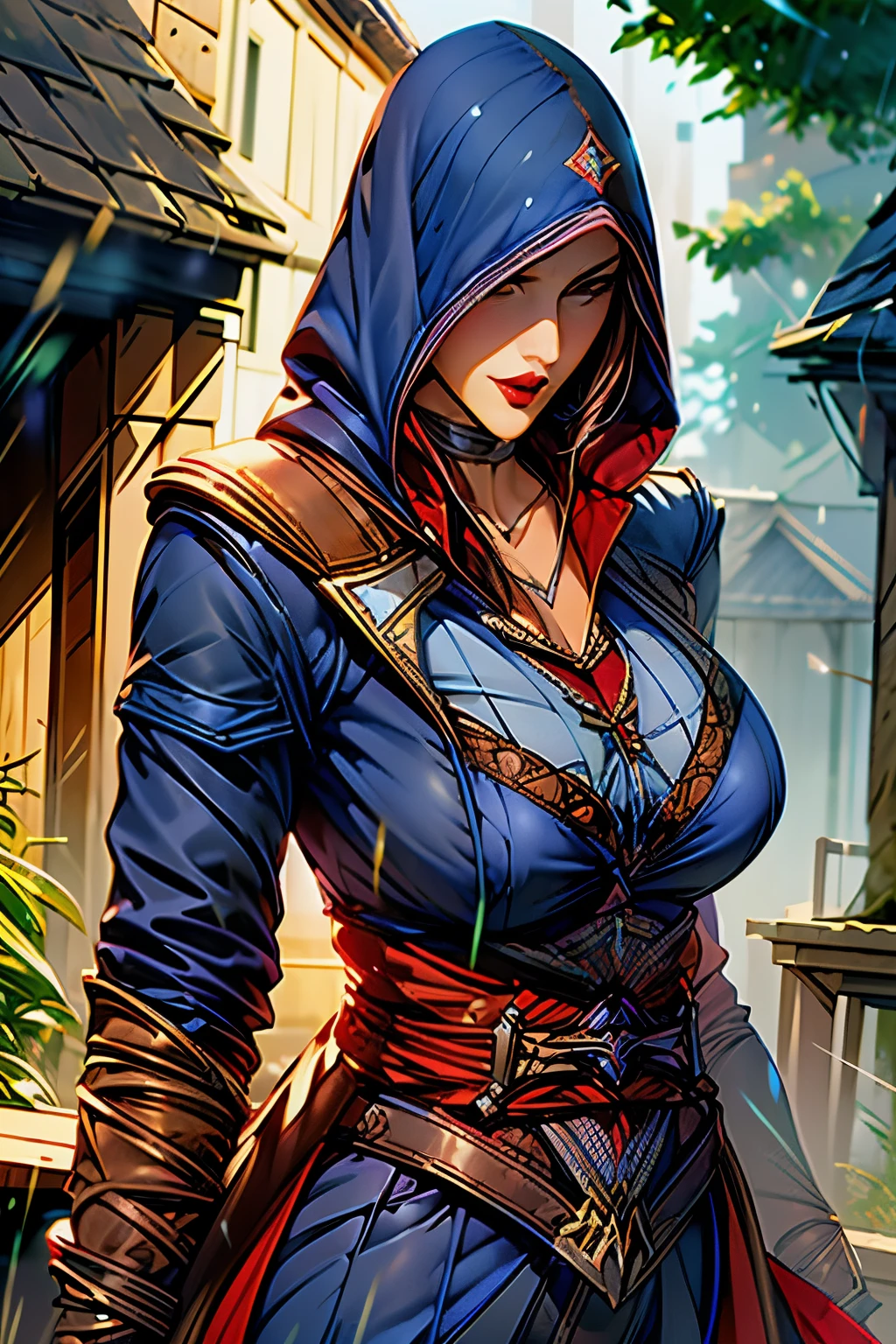 La mujer, poca ropa, botas hasta la rodilla, medias, black stockings, (((blue clothes, hood gloves,bracelet,botas altas, long coat))), (( fantasy forest, outoor, dark,night, rain, see through clothes)), muy detallado, Realistic long-term photography, 4k, pelo largo, brown hair, By the chestnut, (((labios rojos, gargantilla, chocker, sexy,red lips, brown eyes, big breasts, pechos grandes, breasts, Lucia Auditore, sexy,close up, upper body)))