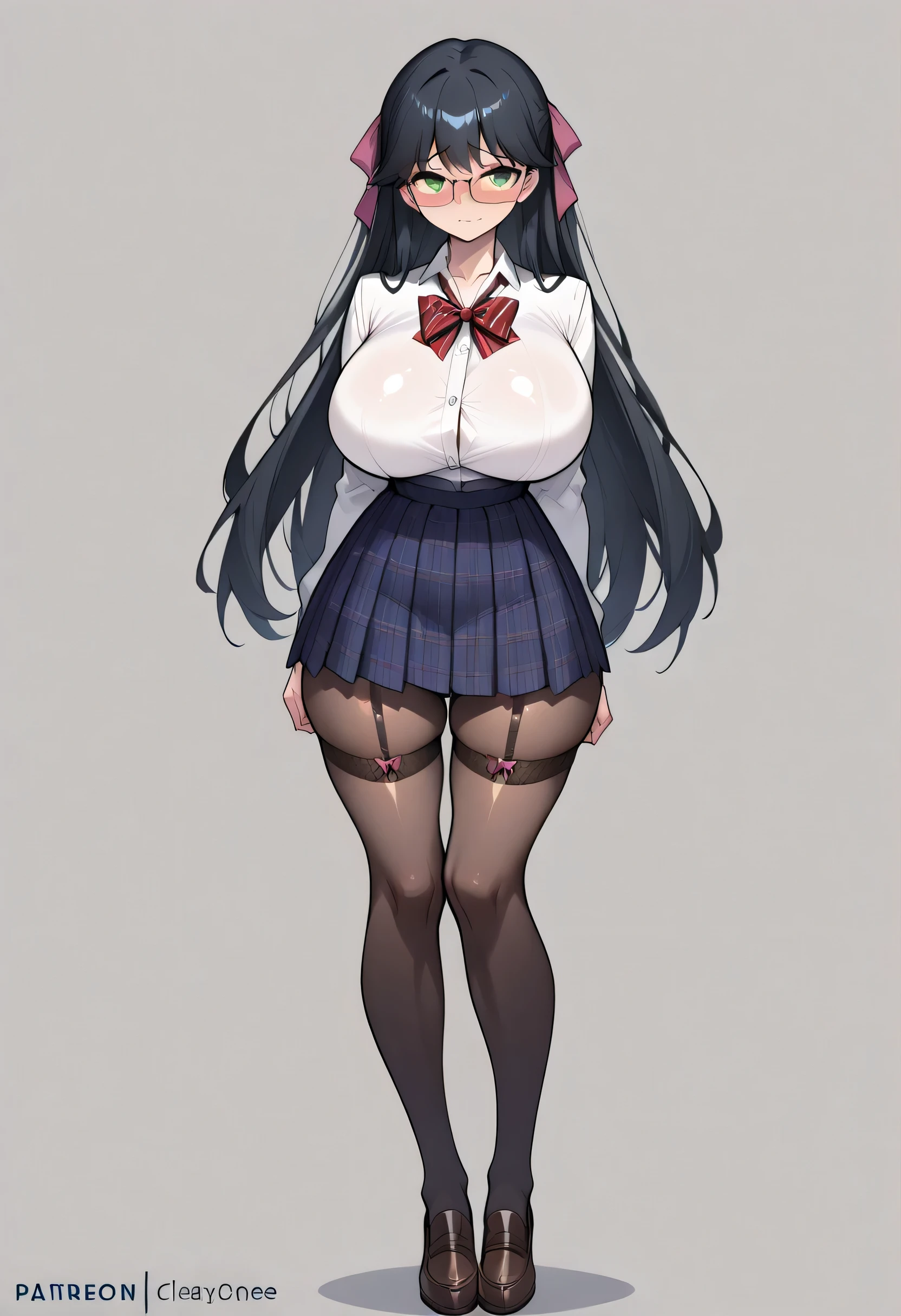 masterpiece, 最High Quality, High Quality, Extremely Aesthetic, , newest, , Big Breasts、、 、、、Passion Lip、school uniform、full body、、black hair、clear、shy、stockings