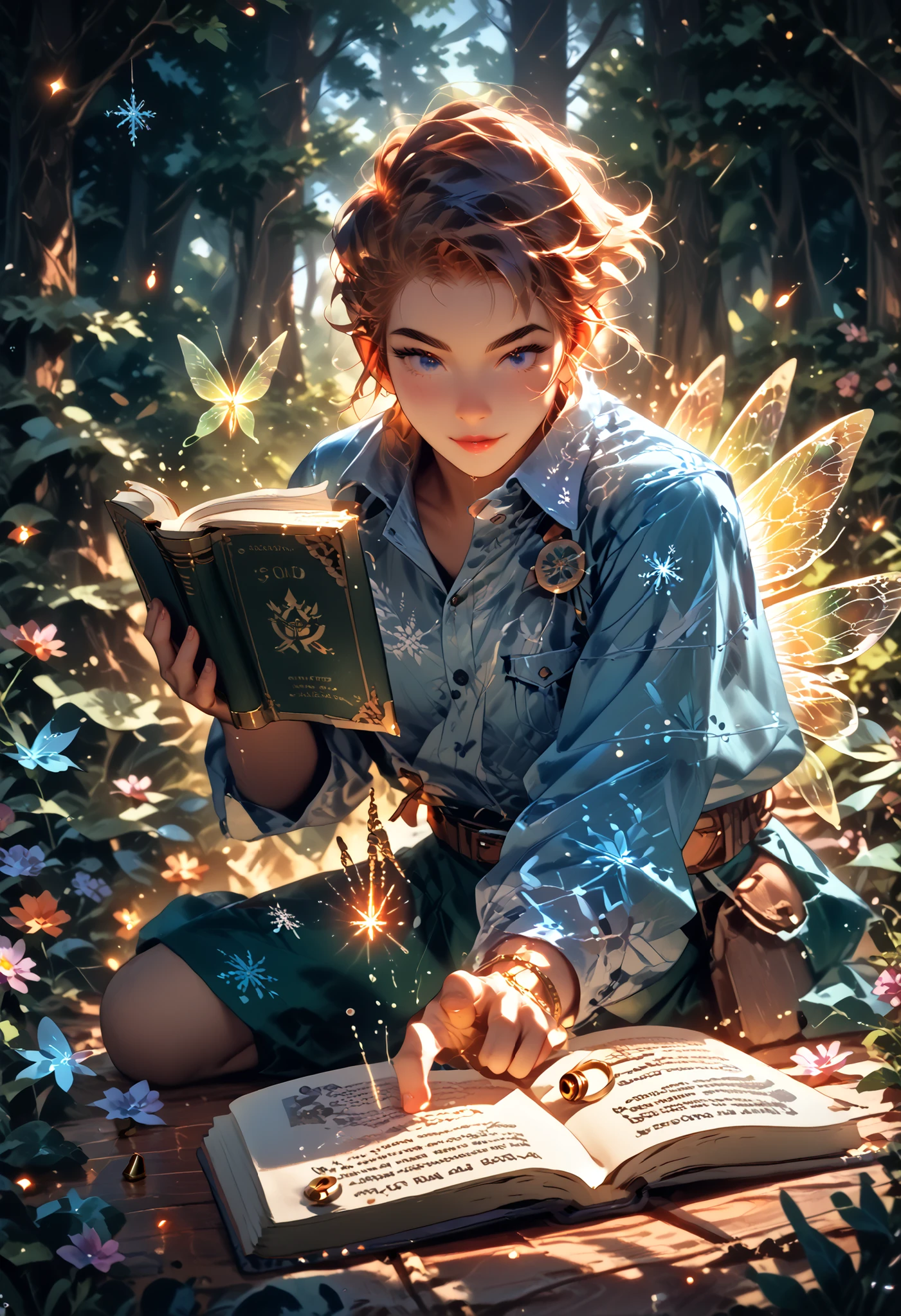(( Magic in the forest with fairies filled with flowers , snowflakes of various colors an illuminated event takes place and is around ren , Told stories came true coming out of a book like a magic bullet , quality of great reference in the world of short stories and of great cartoonists textual quality brings back good times because reading through the book was essential quality 32k HD , position 360° body ratio from bottom to top 45º))
