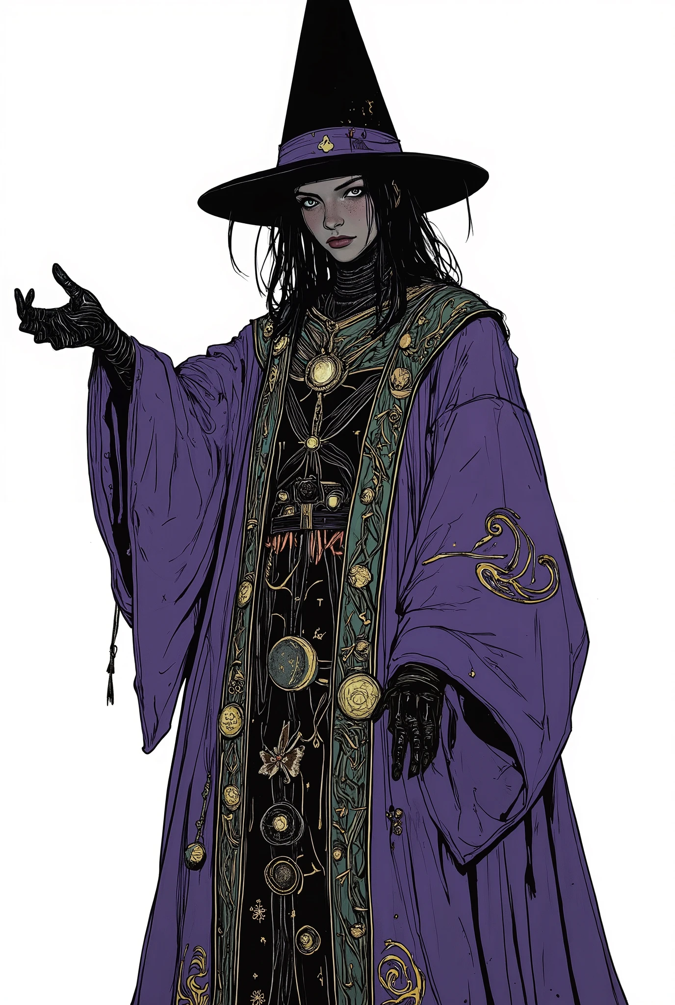**it stirs fantasy and imagination** This image、sparks fantasy and imagination、The robe depicts a person shrouded in darkness。The robe is richly decorated with intricate patterns and symbols。The robe is dark purple、 bright green、creates a sense of anonymity and intrigue、is decorated with celestial motifs such as stars and swirls。The sorcerer's black, pointed hat creates an enigmatic atmosphere Doing it、its brim casts a shadow on the face、The overall atmosphere is mysterious and magical。The black gloves extend from the voluminous sleeves、its posture is welcoming、it shows a mysterious wizard in a brilliant robe。 the lighting is uniform 、The elaborate embroidery and texture of the costume shine on the plain white background、the vivid colors and elaborate design stand out。or an intimidating presence、wearing an elaborate wizard's robe。