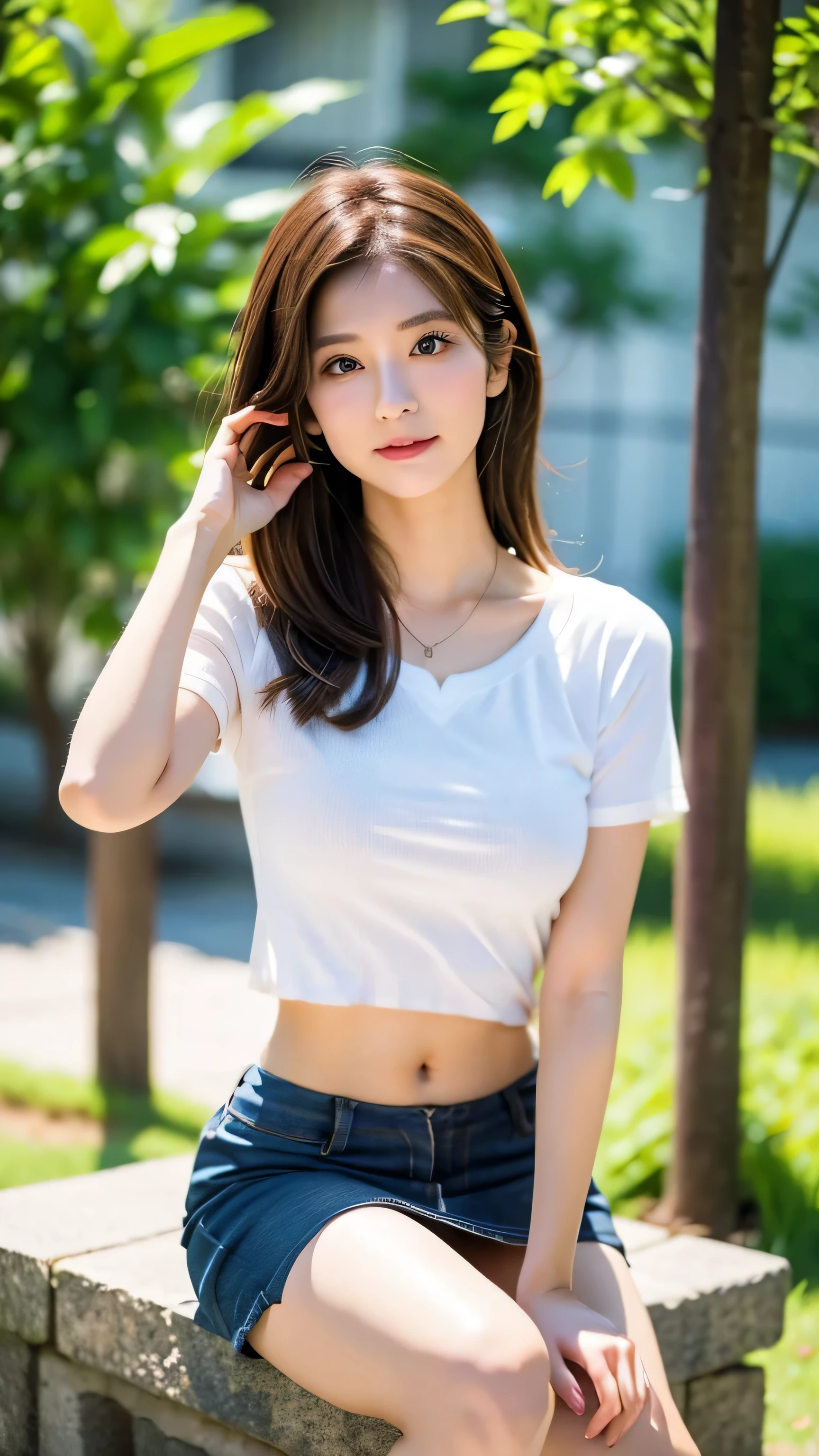 best quality,8K, very detailed, in fine detail, high resolution, 8K wallpaper, perfect dynamic composition, Meticulous Eye, beautiful eyes on my stomach、looking at camera、best quality、model、Slender Body、pictures、brown hair semi-long、Beautiful Faces、Actual item、Mako Tamura、miniskirt、T-shirt、