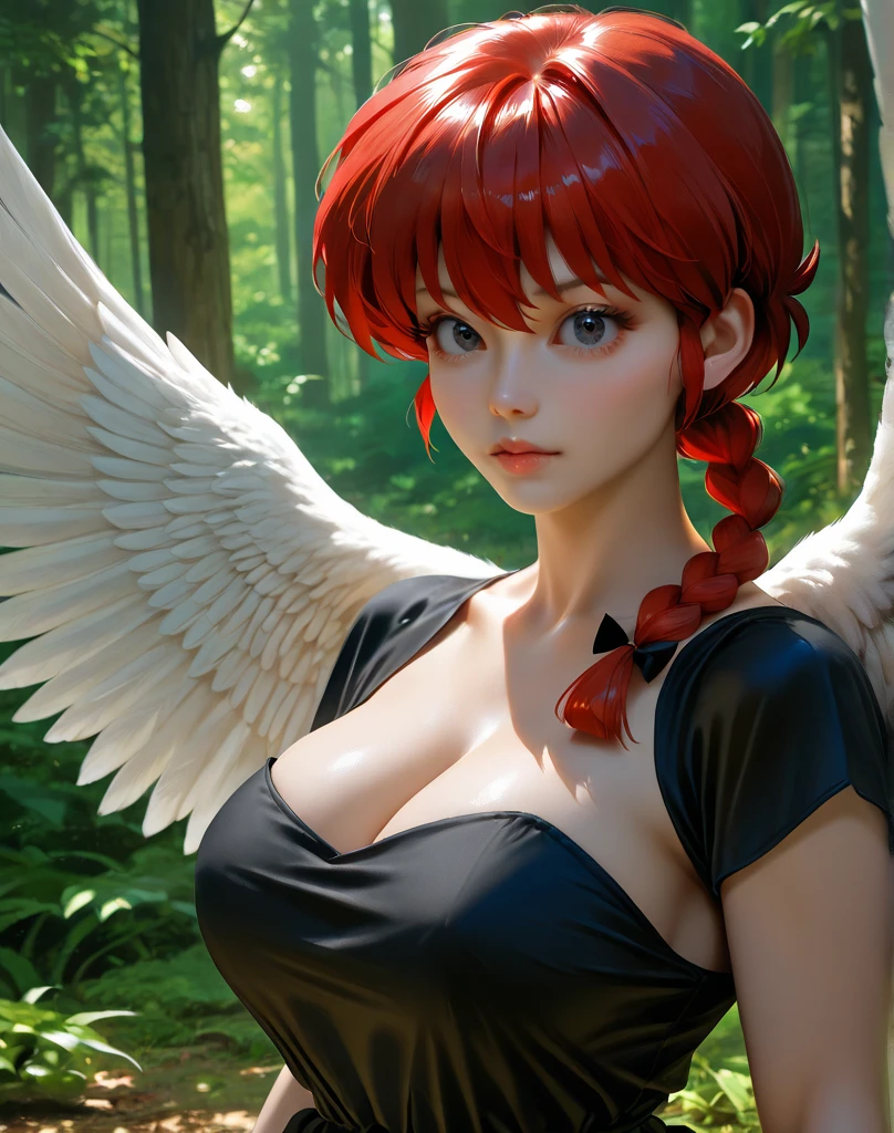 bestquality、Ultra High Res、(photorealistic:1.4)、Japan people、charming face。Model Face。hair long。slender。BIKINI、beautiful detail、Red hair。Big Boobs。Mini skirt。ear ring。Raking up your hair。Detailed details。vivid。realistic details。lifelike。large wings on the back。Above the clouds。Clouds around。Mass of clouds。naked,。Wings of an Angel。long wings。Wide wings。Lifting the chest。Lift your chest with both hands。Embarrassed face lifting chest with both hands。embarrassed face。shyness。blushful。Troubled face。wry smile。
