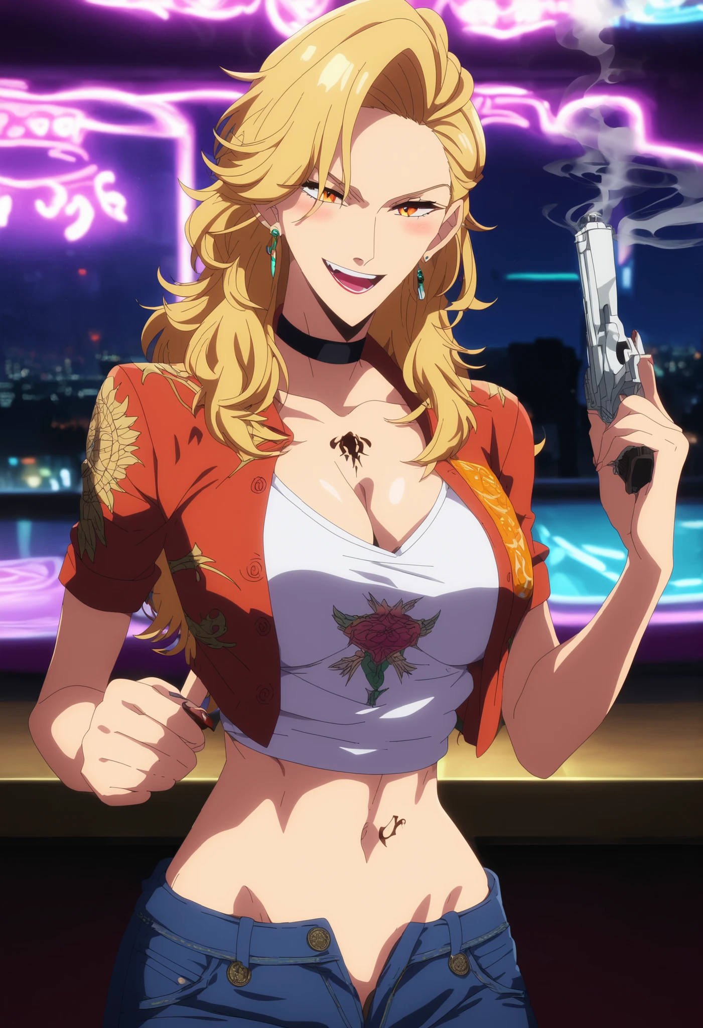 score_6_up, score_5_up, score_4_up, score_9, score_8_up, score_7_up, highly detailed, anime_source, anime_screencap, anime coloring, 1girl, solo, breasts, looking at viewer, smile, blonde hair, jewelry, earrings, choker, medium hair, orange eyes, black choker, gina_solo, ear piercing, long hair, blush, lipstick,Hot girl, baddie, smoking, sensual, attractive, medium large breast, bar background, inside bar,indoors, cityscape, casino, nightclub, city lights, masterpiece,high quality,4k,belly,,holding pistol,cleavage, ,unbuttoned shirt, collared shirt, knot, smile, open mouth, (nsfw) not safe for work, evil expression,belly, exposed navel, exposed midriff, exposed lower belly,dragon print jacket, unbuttoned jeans , low rise black jeans, Low rise jeans with open fly,, waist dragon tattoo, narrowed eyes, tattoo waist, anipai_style , anime screencap , anime coloring