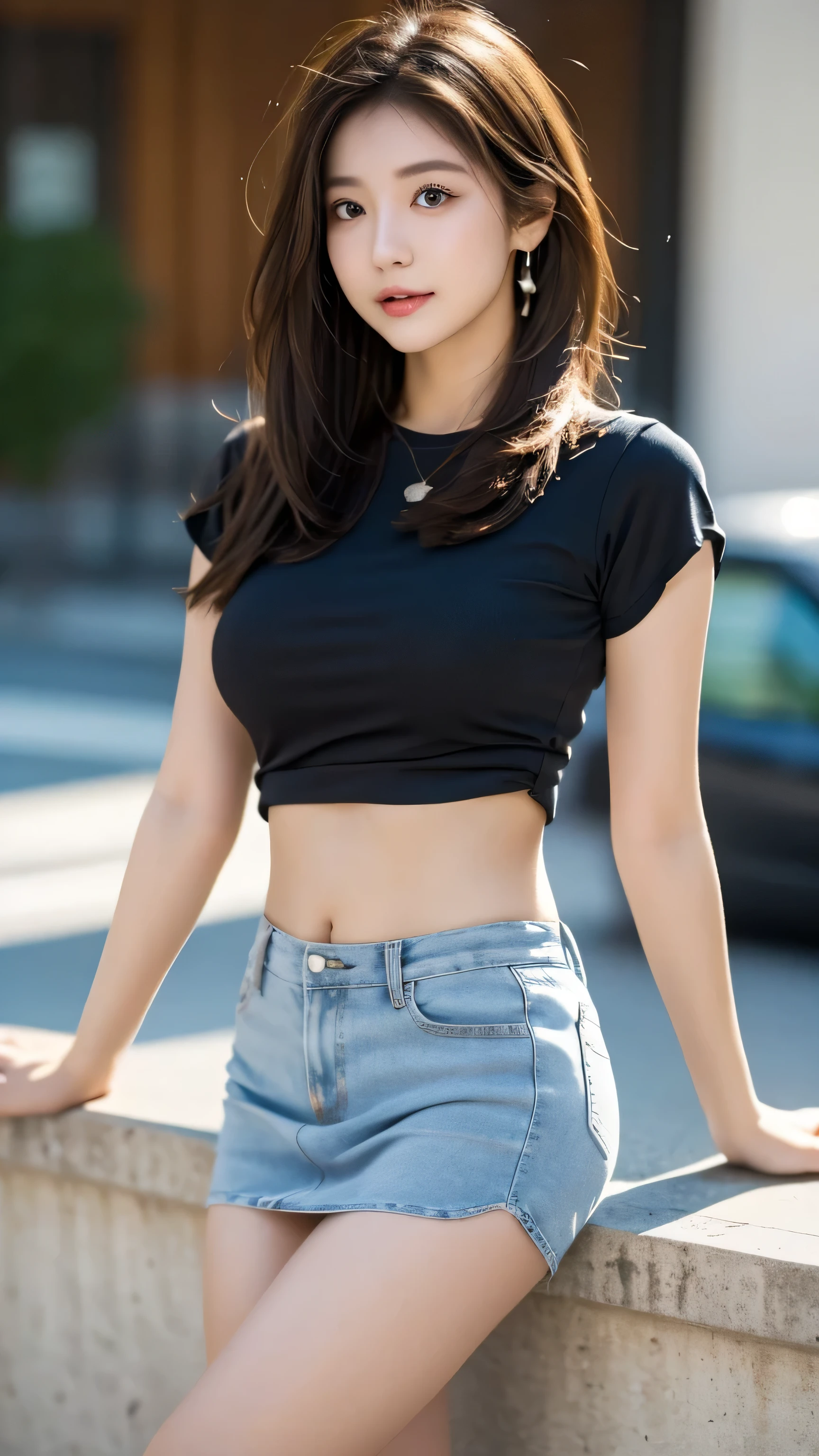best quality,8K, very detailed, in fine detail, high resolution, 8K wallpaper, perfect dynamic composition, Meticulous Eye, beautiful eyes on my stomach、looking at camera、best quality、model、Slender Body、pictures、brown hair semi-long、Beautiful Faces、Actual item、Mako Tamura、miniskirt、T-shirt、