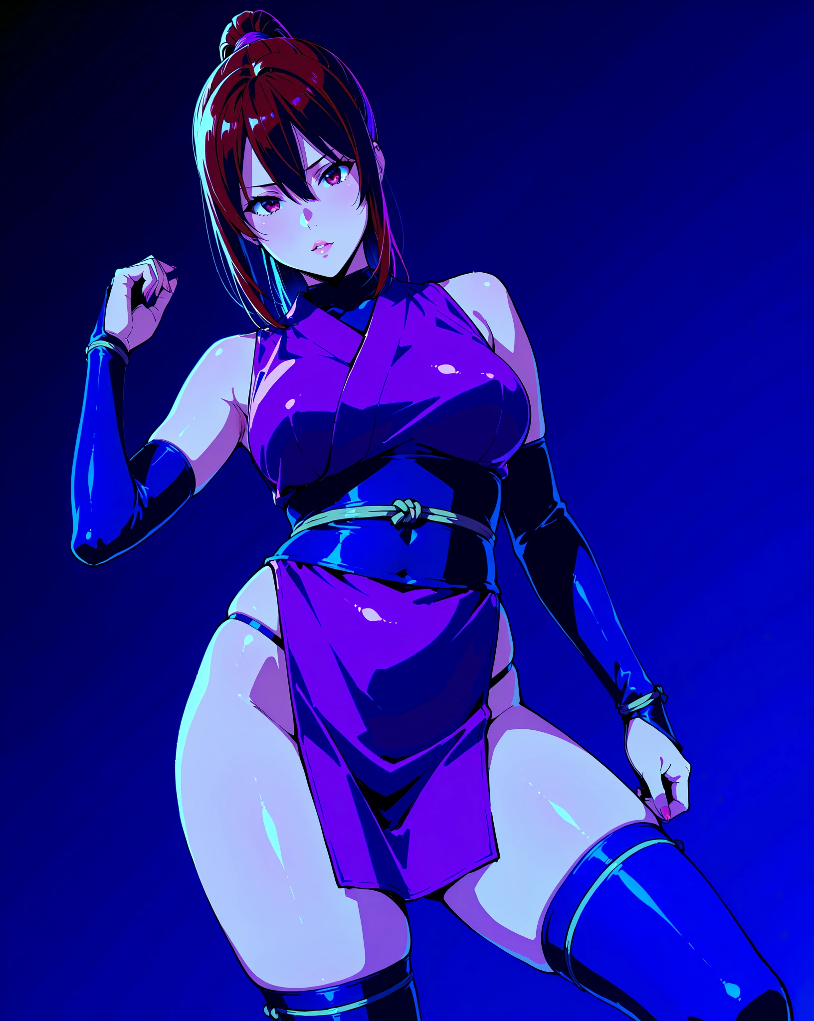 ed, Explicit, Beautiful body, Beautiful Nose, Beautiful character design, perfect eyes, perfect face, ultra highres, 4K, beautiful legs, perfect legs, Nice hands, Perfect hand, Masterpiece, Best Quality, Highly detailed, illustration, absurdres, street fighter, doll suit, shadaloo doll, dollsuit, girls, multiple girls, expressionless, blank eyes, looking at viewer, red gloves, emotionless, black latex, corrution, mind control, female combatant, full body, hypnotized, unhappy trance, full body suit, ribbed bodysuit, both arms at side, stand up straight, obey, perfect female body, extremely glossy latex, hypnosis, hypnoLora, empty eyes, Mind control device, poses, brainwashed, submissive_pose, Slave, hat, necktie, stand up straight, standing, standing at attention, belt, latex, garter belt, thighhighs, Fighting stance, Miyo Saimori, My Happy Marriage, purple hair, red eyes, long hair