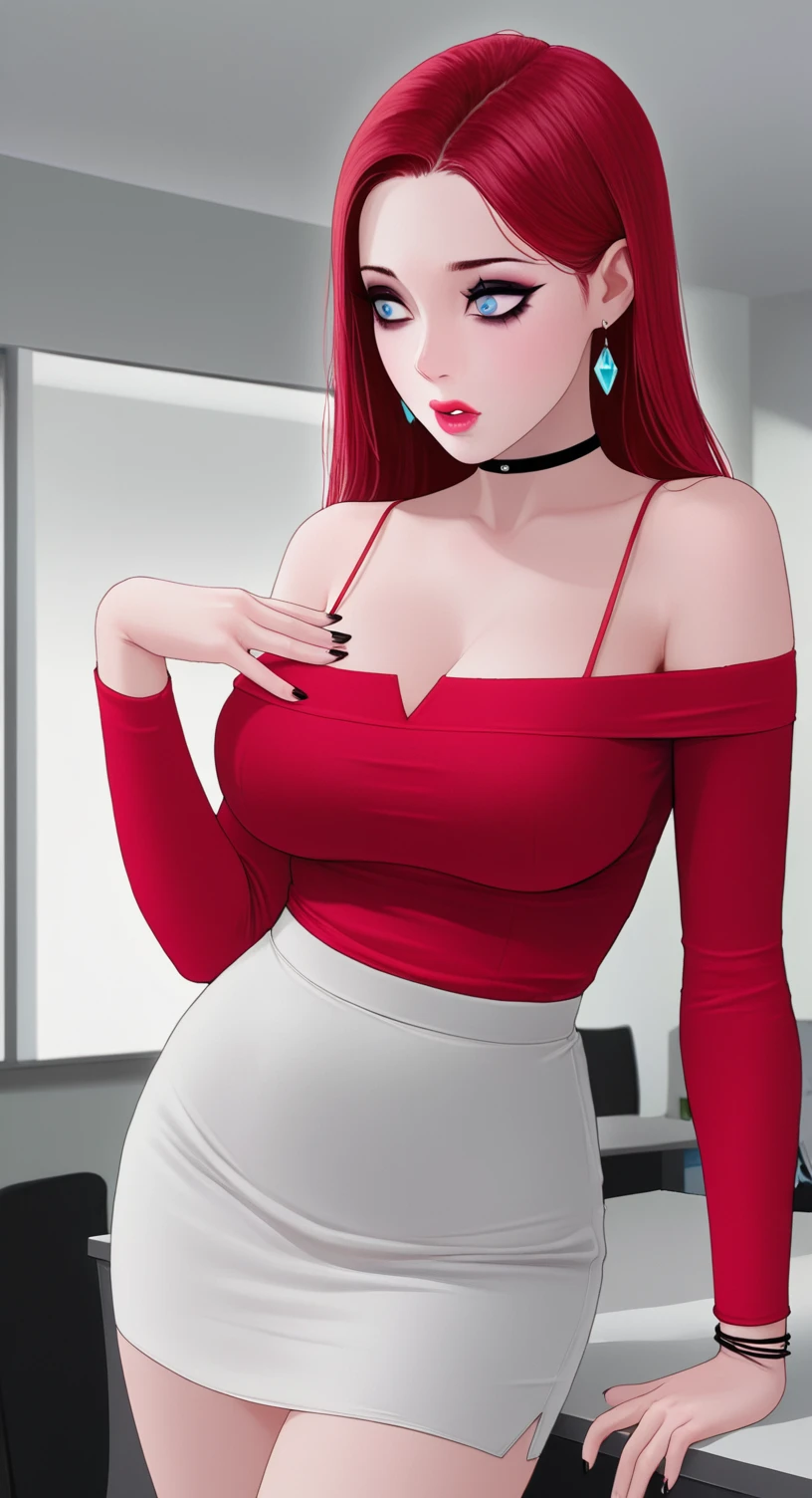 Goddess ((goddess-like woman)), slim, elegant silhouette, masterpiece, (close angle), best quality, cute face, (masterpiece:1,2, best quality), (real picture, intricate details), ( 1 lady, solo, medium tits, narrow waist, (long hair), a woman with long hair, red hair, long wavy red hair, Bangs, green eyes, she has an impressive presence., bracelet, hoop earrings, jewelry, beautiful face, beautiful eyes, she looks the Looking at viewer, She is wearing serious business dress, appropriately dressed as a CEO, black dress, sweet irresistible smile, elegant pose, Elegant hands, beautiful hands, perfect fingers, long perfect legs, Background: She is a CEO and is at an IT presentation event lots of people on the road, Business event, business meeting, Presentation of the latest products