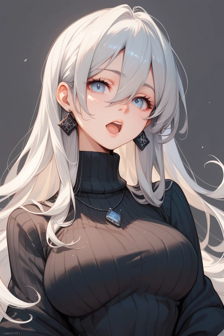 (masterpiece, best quality:1.4), 8k, Close Up, Light Gray hair, Long Hair, Lion Ears, Young adult, anime girl, Teasing, light Gray Eyes, Black Jacket, White sweater, (detailed eyes and face, sharp pupils, realistic pupils:0.6)