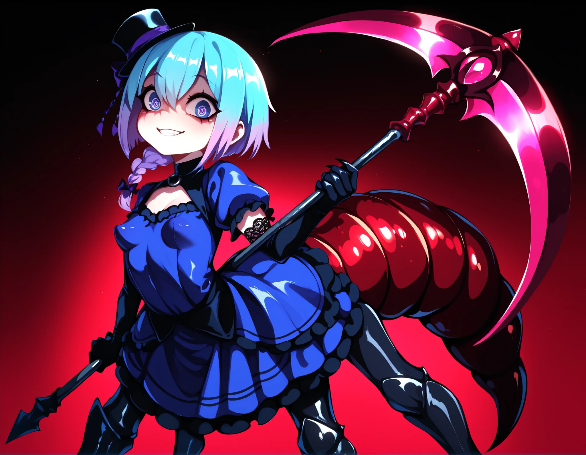 Serket. Scorpion type Arachne Girl. Lavender colored hair. Single braid. Gothic dress. Purple and blue dress. Ruffles. Lace veil. Small gothic hat. Yandere eyes. Scythe. Holding a weapon. Perky breasts. Scorpion legs. Scorpion claws. Scorpion tail. Black carapace. Multiple legs.