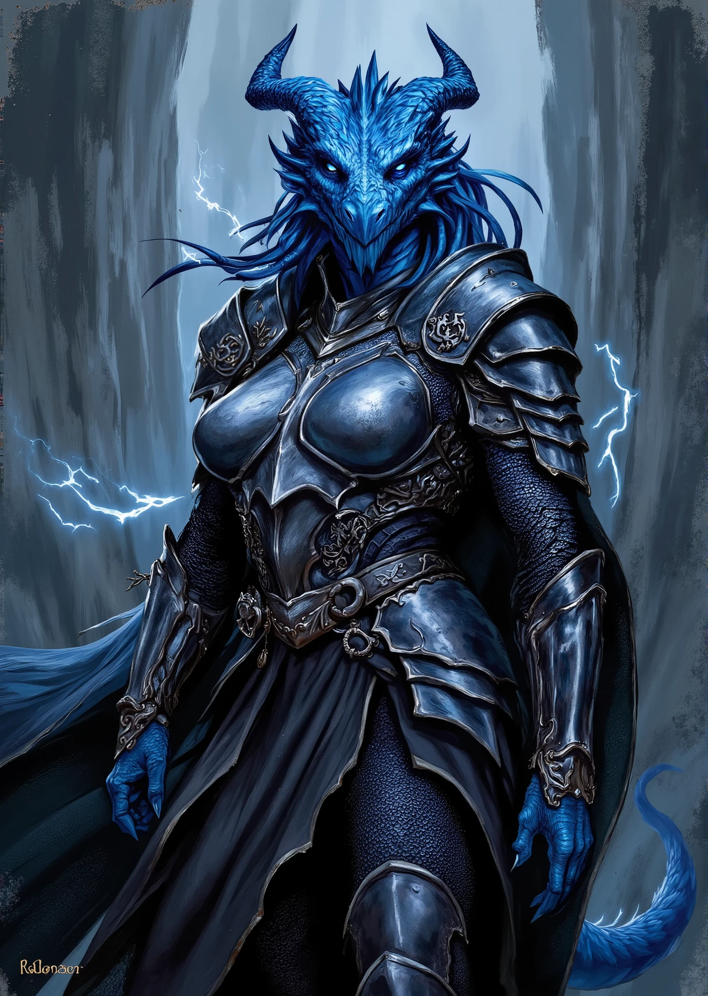 An extremely detailed comic book illustration of an extremely curvaceous Chromatic Blue Dragonborn from Dungeons and Dragons which look like wingless bipedal dragons scaly bright-eyed and thick-boned with horns on their heads with a blue coloration trained as a Dungeons and Dragons Eldritch Knight Fighter comprised of questing knights royal champions elite soldiers and hardened mercenaries sharing an unparalleled prowess with weapons and armor well acquainted with death both meeting it out and defying it combining the martial mastery common to all Fighters with a careful study of magic their spells both complementing and extending their combat skills providing additional protection to shore up their armor and allowing them to engage many foes at once with explosive magic wearing a sleek form-fitting suit of armor that combines both protection and mobility made out of metal with a dark polished finish that gives it a sophisticated and intimidating look with the chest plate hugging her massive breasts sculpted to highlight her form while providing ample coverage featuring intricate engravings or runes that may suggest magical properties or a connection to her powers with ornate pauldrons that rise sharply adding to her formidable presence embellished with designs that hint at her magical abilities possibly incorporating motifs of lightning with gauntlets that are robust and intricately designed over fitted trousers that match the armor's aesthetic made from the same dark metal material material flowing behind her is a dramatic cloak that adds an element of mystique which is dark with a subtle sheen and is clasped at the neck billowing out behind her as she moves in an art style inspired by Frank Miller and Conan the Barbarian. The Background is awash in dark moody textured brushstrokes of mystical shades. Standing in a dynamic action pose. Trending on Art Station.