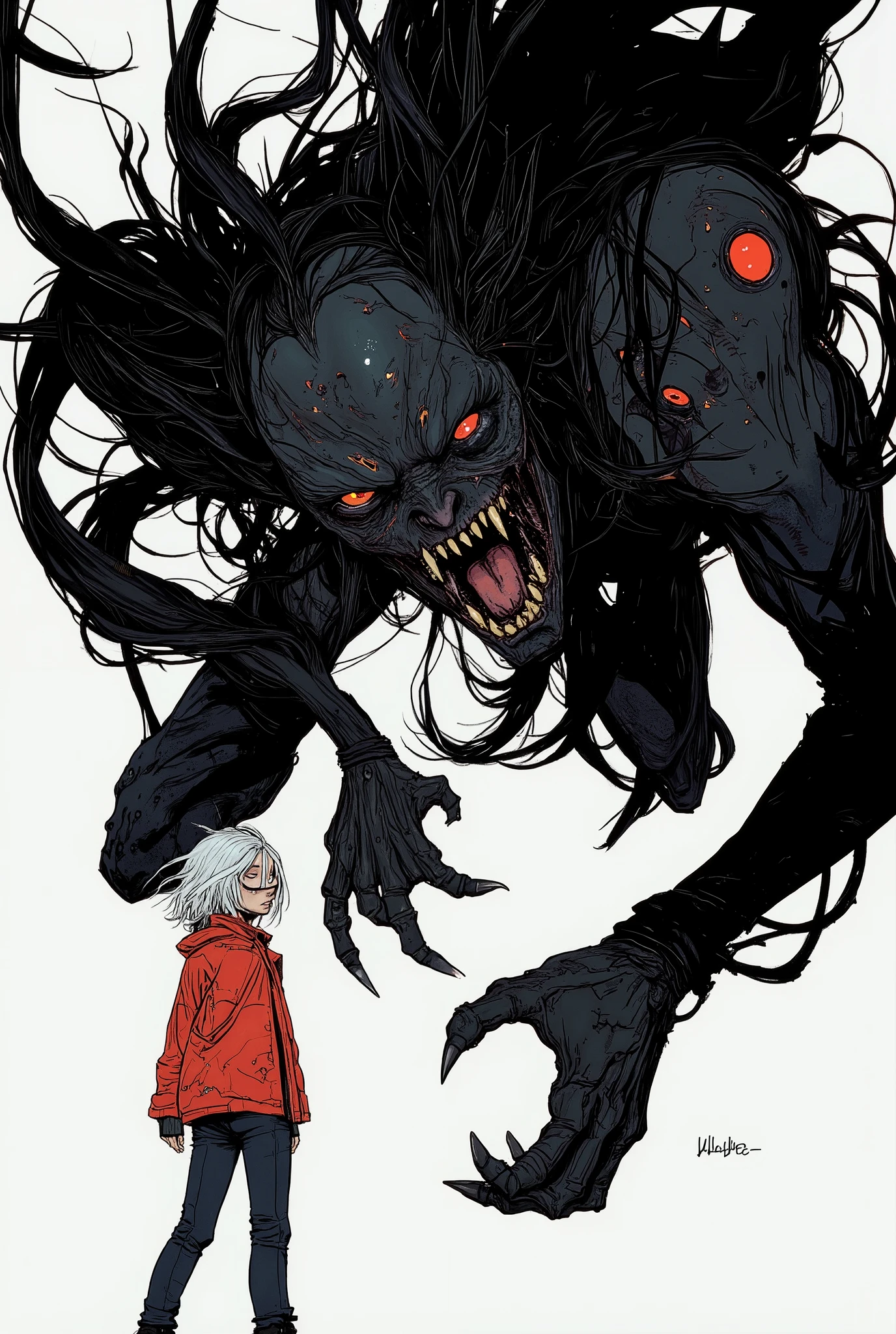 teeth、emphasizes the characteristics of dark creatures with many eyes and mouths looming over a slender figure with white hair and a red jacket。, standing with a slightly rounded back, Surreal and eerie atmosphere, black and white bold red accents, simple background, teeth、emphasizes the contrast of shaded forms、, stylized graphic art style