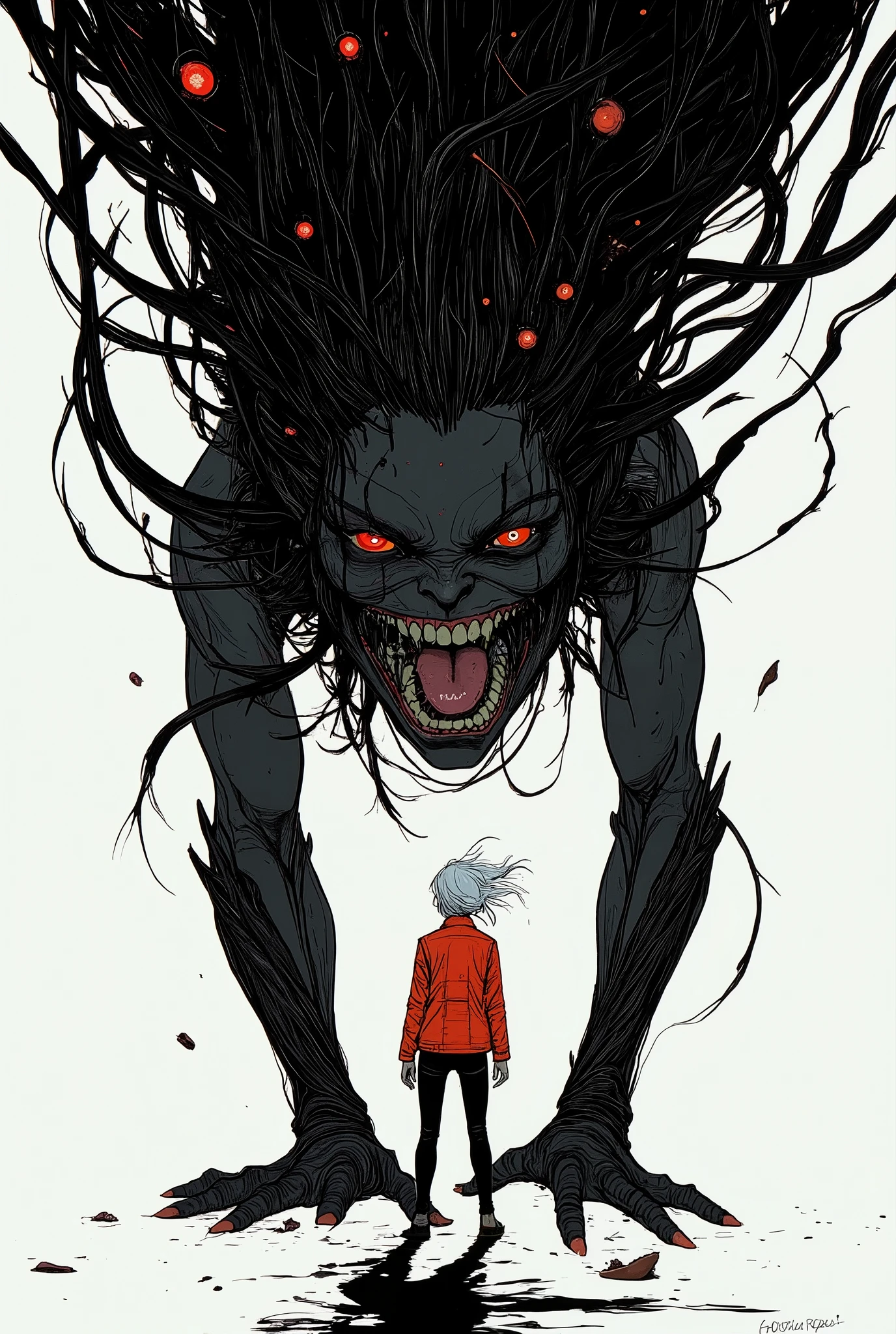teeth、emphasizes the characteristics of dark creatures with many eyes and mouths looming over a slender figure with white hair and a red jacket。, standing with a slightly rounded back, Surreal and eerie atmosphere, black and white bold red accents, simple background, teeth、emphasizes the contrast of shaded forms、,  stylized graphic art style
