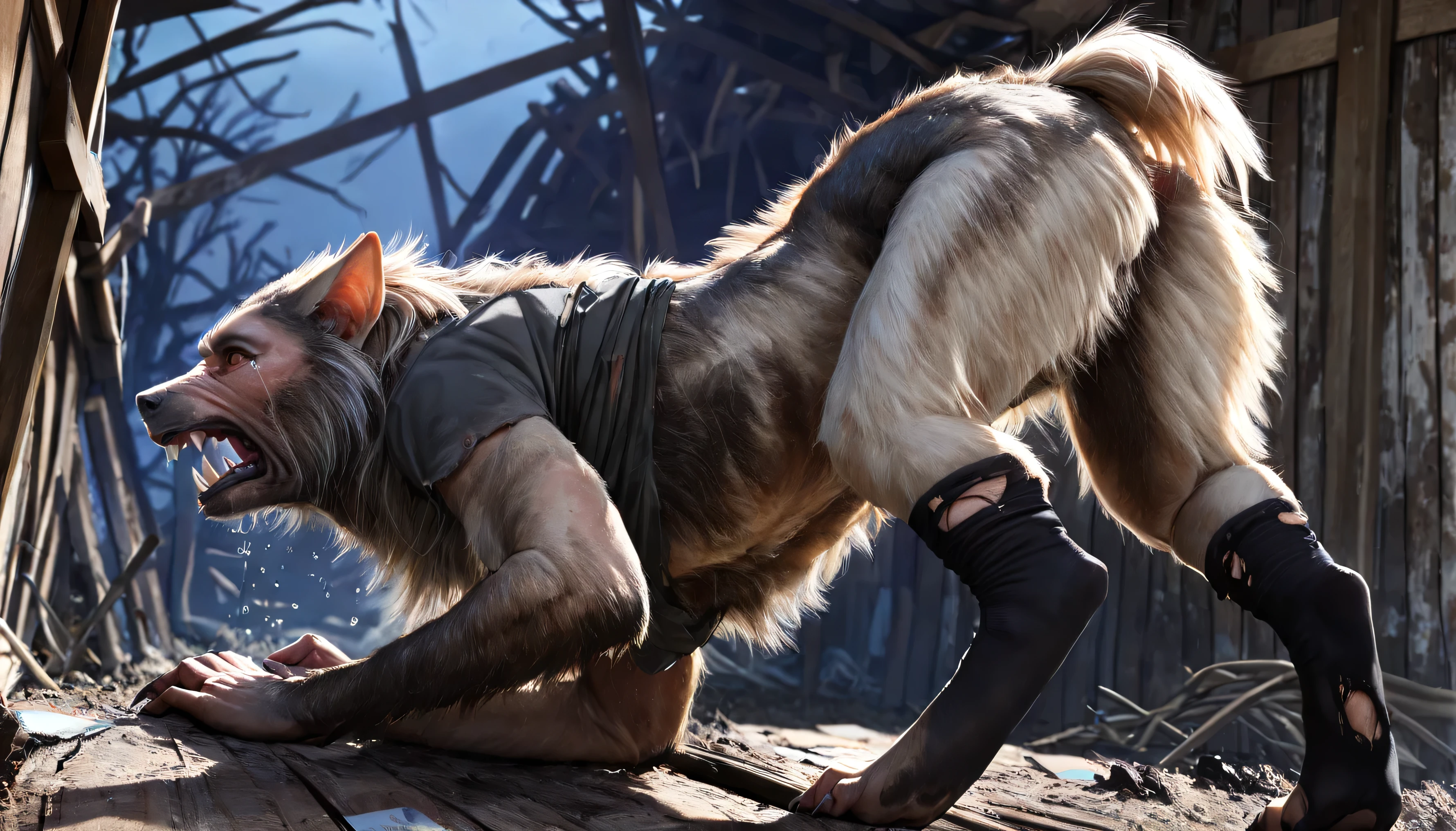 Back side, photo from behind, skin, people,  Werewolf transformation ,  Morphing ,  people, [werewolf: people:0.7], [weapon: paws:0.7], [people skin: wool: 0.5], detailed wool, gradual wool, spread, it crashes:1.1, cries, sweating, in pain:0.8,  frightened :0.8, it crashes, embarrassed:0.8, torn clothes:1.1, thick fingers through, Torn socks, deep Night, ((darkness, dramatic transformation of predators in the moonlight, Night)), abandoned hut, scraps of brown fur with trim ,  Scraps of clothing  ,((overdetailed, realistic, фотоrealistic, фотоrealistic:1.37), 4k, 8 k, raw, HDR, contract, Canon EOS P3, CANON EOS R3, 85мм f/1.4, 15mm, 35mm, 80mm, f2.8, high resolution boots, HD, full color, 4k, high resolution boots, three-point lighting, sharp focus, smooth, professional, cinematic, in extremely detailed, (high detail:1.4)  Business, masterpiece, deep hues, better quality,))