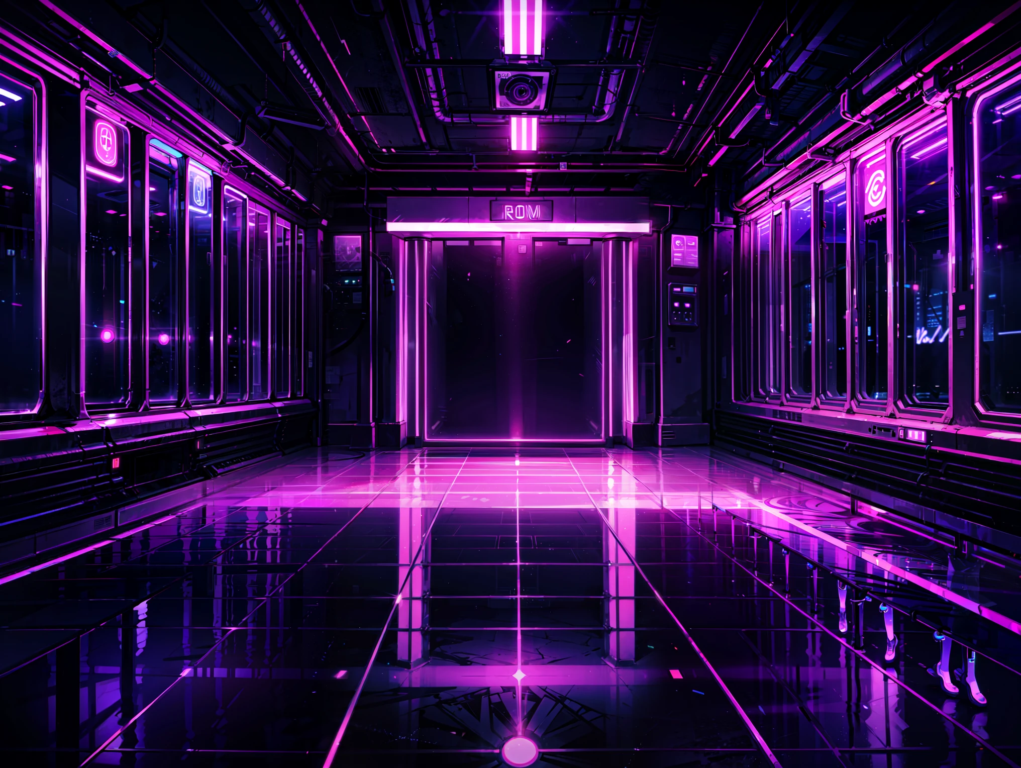 Floor of a room in a dark nightclub with neon lights