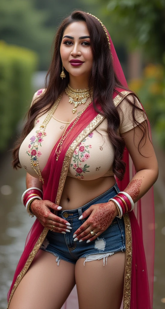 A half body of confident-looking Bangladesh woman with long and thick hair, (masterpiece, best quality:1.2), looking at viewer, hazel eyes, a smile on the face, royal and lusty look, posing like a professional model for a photoshoot, (((big breast))), perfect composition and light, hyper realistic, super detailed, 8k, high quality, trending art, trending on art station, photo, intricate details, highly detailed,((cropped open huge boobs)), (((Bustling Artisan Market detail background)))), (((wearing a colourful Saree with designs and patterns with sleeves))), ((((big sexy Hour Glass body shape)))), ((((Bustling Artisan Market detailed background behind her)))), (((Portrait Fashion Photo))), ((long wavy thick hair style)), (((hyper realistic skin texture with makeup with blush face))), hair bobbles, wince, solid circle eyes, light smile, ear blush, fang, ccurate, makeup, Surrealism, drop shadow, anaglyph, stereogram, tachi-e, pov, atmospheric perspective, glowing light, backlighting, ray tracing, image fill, anaglyph, stereogram, scanlines, speed lines, silhouette, vignetting, 8k, super detail, best quality