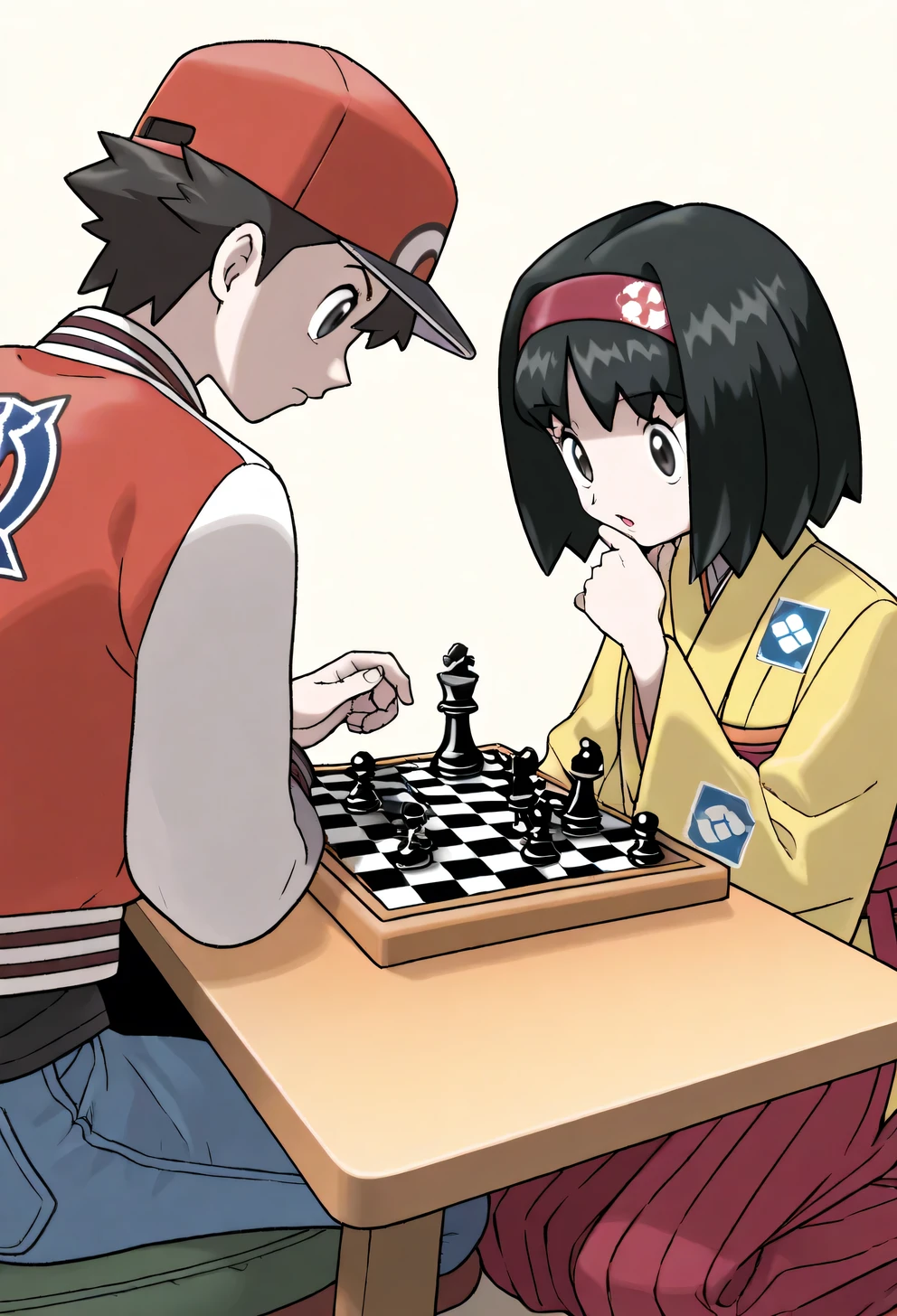 Erika_(pokemon), 1girl, Bob_cut, short_hair, black_hair, blunt_bangs, blunt_end , hairband, red_ hairband, grey_eyes, eyelashes, kimono, yellow_kimono, Hakama, red_Hakama, red_(pokemon), 1boy, baseball_cap, brown_hair, red_hat, white_hat, button_Badge, t-shirt, shirt, black_shirt, Letterman_jacket, red_jacket, white_jacket, pants, blue_pants, denim, jeans, sitting, table, playing_chess, chess, holding_chess_piece, chessboard, Board_GAME, chess_piece, pawn _(chess), rook _(chess), queen_(chess), king_(chess), Knight_(chess), bishop _(chess), Thinking, playing_, profile, full_body, beautiful_detailed_eyes, masterpiece, best_quality, intricate_details, absurdres, Artist_Sugimori_ken