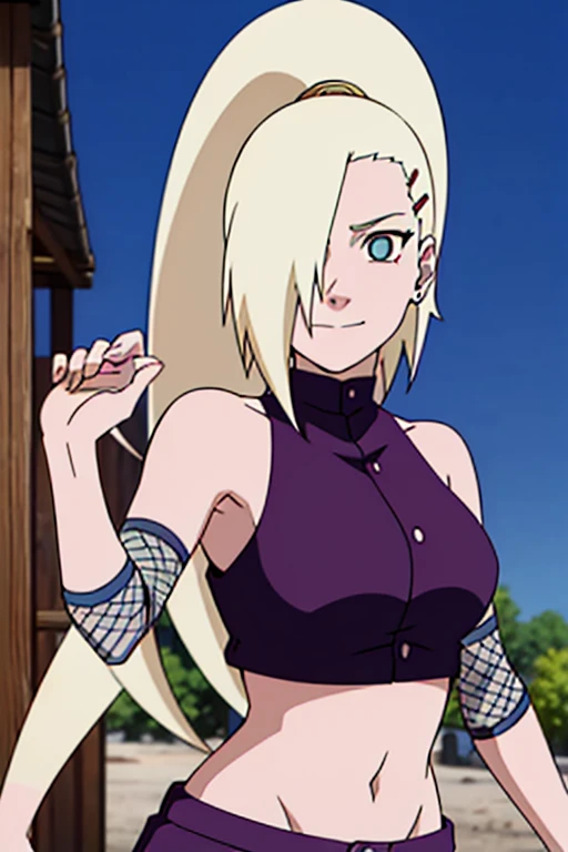 (Purple clothes), Ino yamanaka, (ultra detailed face:1.4), ultra detailed hair, looking at the viewer, (biceps:0.8), bare shoulders, (ultra detailed arms:1.2), groin, cowboy shot, ultra detailed face, (ultra detailed body:1.3), sunny day, day time, shiny skin, upper body view, anime style, solo, detailed flower field, blonde, (focus on body), ((one eye covered with hair, hair over eye, ponytail)), (medium breasts:1.0), belly button, looking at the viewer, thick arms, (off-shoulders, wide shoulders, curving body), hidden eye, smile, closed mouth, one hair clip, very happy, tall, sharp look, sharp face, sharp eye, cold colors,