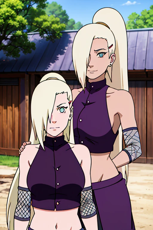 Inoyamanaka, ino shippuden, arms back, posing, hair above one eye, high ponytail, blue eyes, masterpiece, alone, 1 woman, sleeveless, purple crop top, fish net, bare shoulders, kneel, embarrassing, whole body, kneeling, arms behind back, sorbing