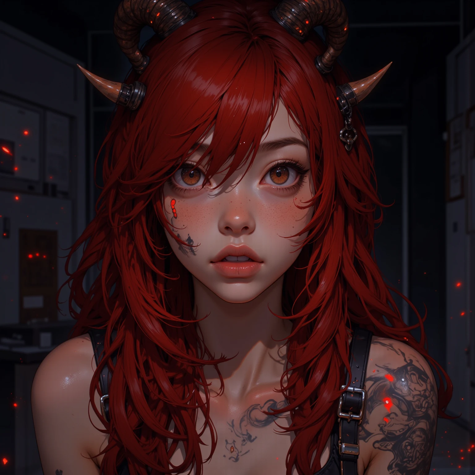 ((Samdoesart)), um desenho de uma mulher com chifres e top preto, com chifres, projeto da chifres exuberantes, chifres bonitos, tiefling, anime demon, demon slayer rui fanart, wise ( avaliando ), portrait of demon woman, demon woman, dnd portrait of a tiefling, com chifres pretos em vez de orelhas, chifres e olhos vermelhos, Demon horn, pintura extremamente detalhada, (scarlett johansson)