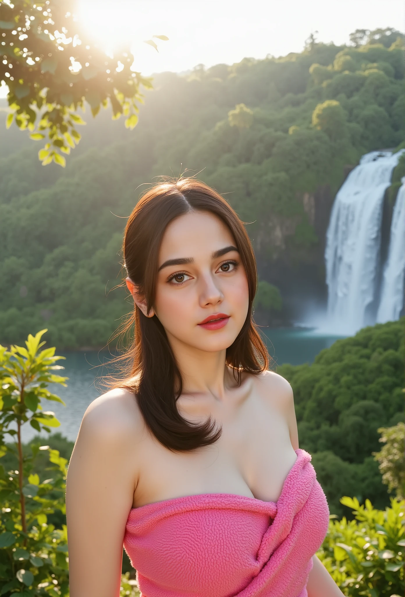 Beautiful Girl, Spanish makeup, Red lips, (huge breasts:1.5), ((medium body, open legs, spread pussy)), wrap a towel wrapping on her body, body towel wrap, pink towel, thigh, bodytowel, Looking at the viewer, stand, pose standing, lakes, ((view of the lake in the middle of the forest, waterfall)), rainfall, sunlight. Ultra photoreal shot. High details, Backlit. Diffuse lights. Viewed from afar. Dutch angle. realistic hands, wide angle. Isometric, green fog in cave, smoke around